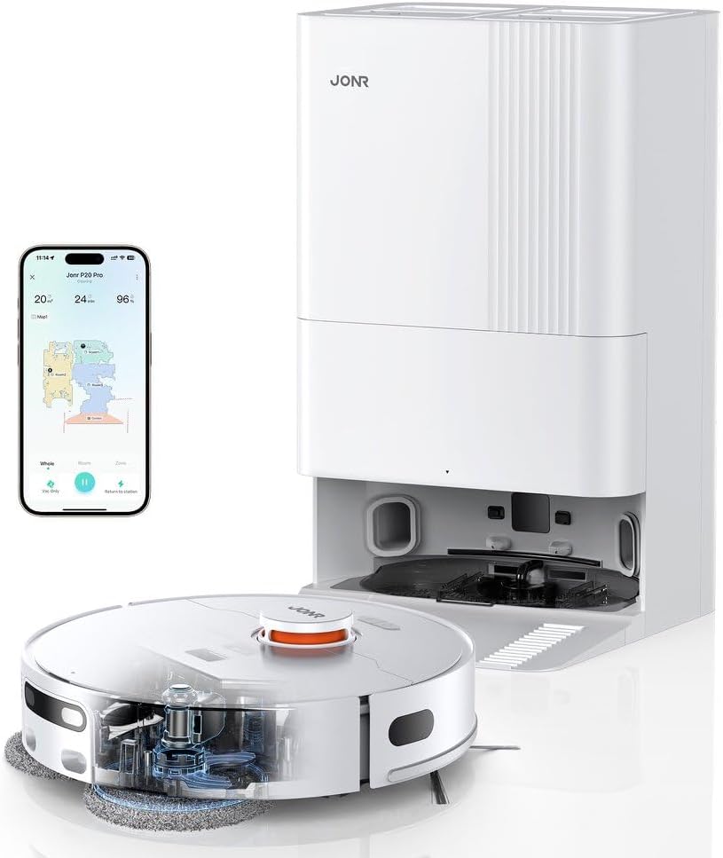 JONR P20 Pro Robot Vacuum and Mop, 8150Pa Suction, Self-Cleaning & Hot Air Drying, Auto Dust Emptying & Water Refilling, Anti-Tangle, Obstacle Avoidance, All-in-One Vacuum Cleaner