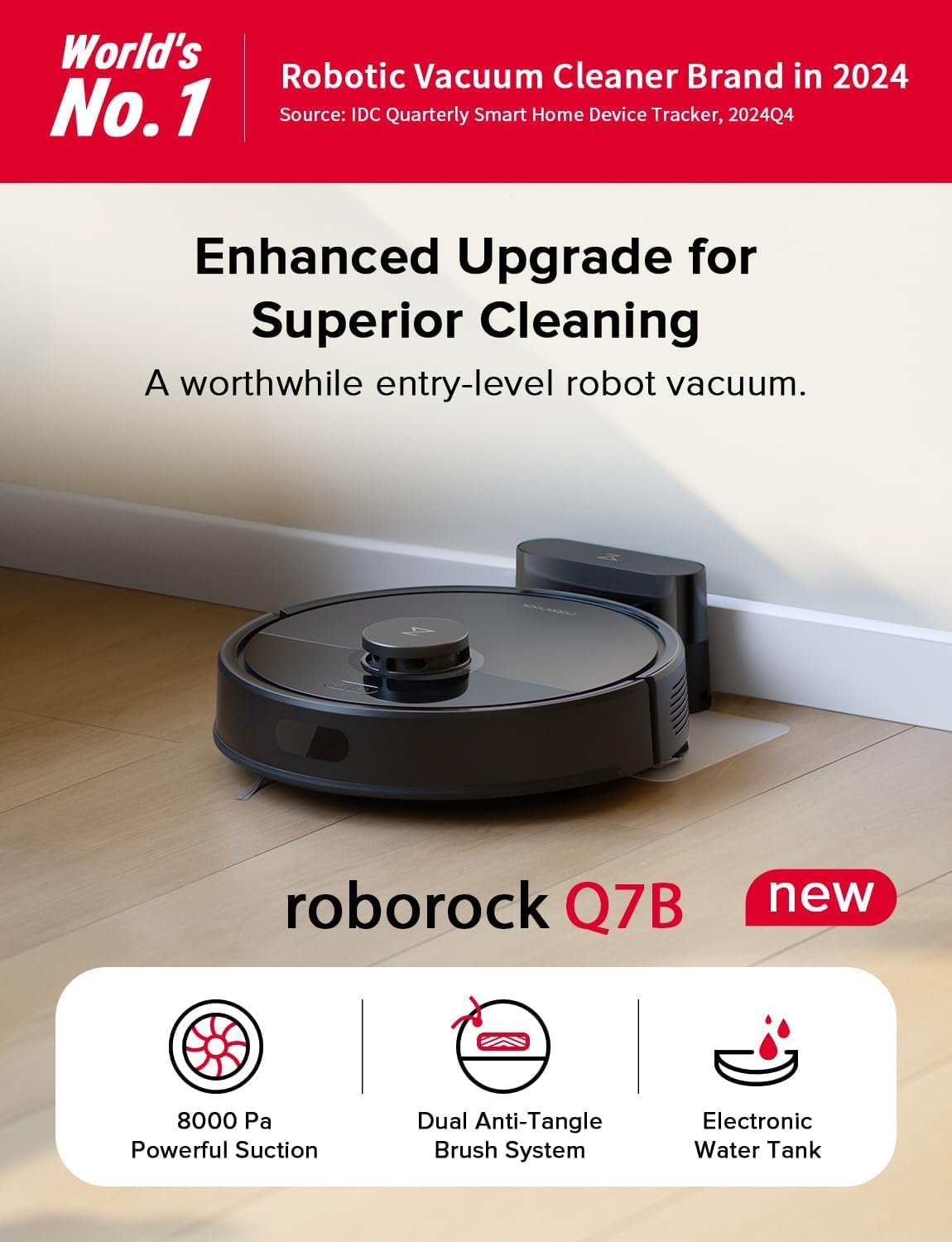 Roborock Q7B Robot Vacuum, 8000 Pa Powerful Suction, Dual Anti-Tangle System, Zero-Tangle Side Brush, App Control, Black