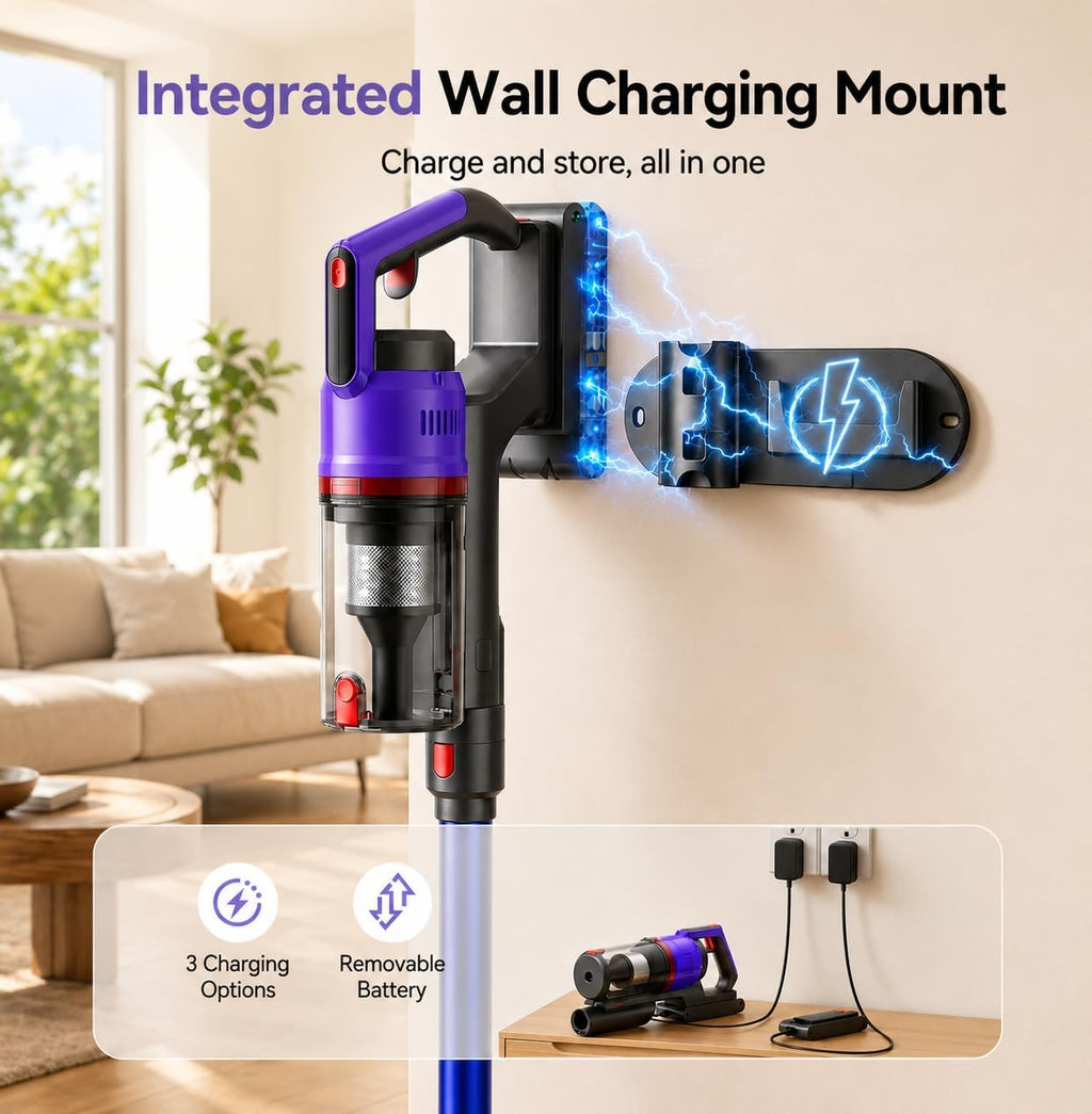 Powerful 5-in-1 Cordless Vacuum Cleaner with Green LED headlight, 55KPA 70Mins Stick Vacuum, 650W Dual Mode, Self-Standing, Anti-tangle, Low noise, Compact Vacuum Cleaners for Home/Pet Hair/All floors