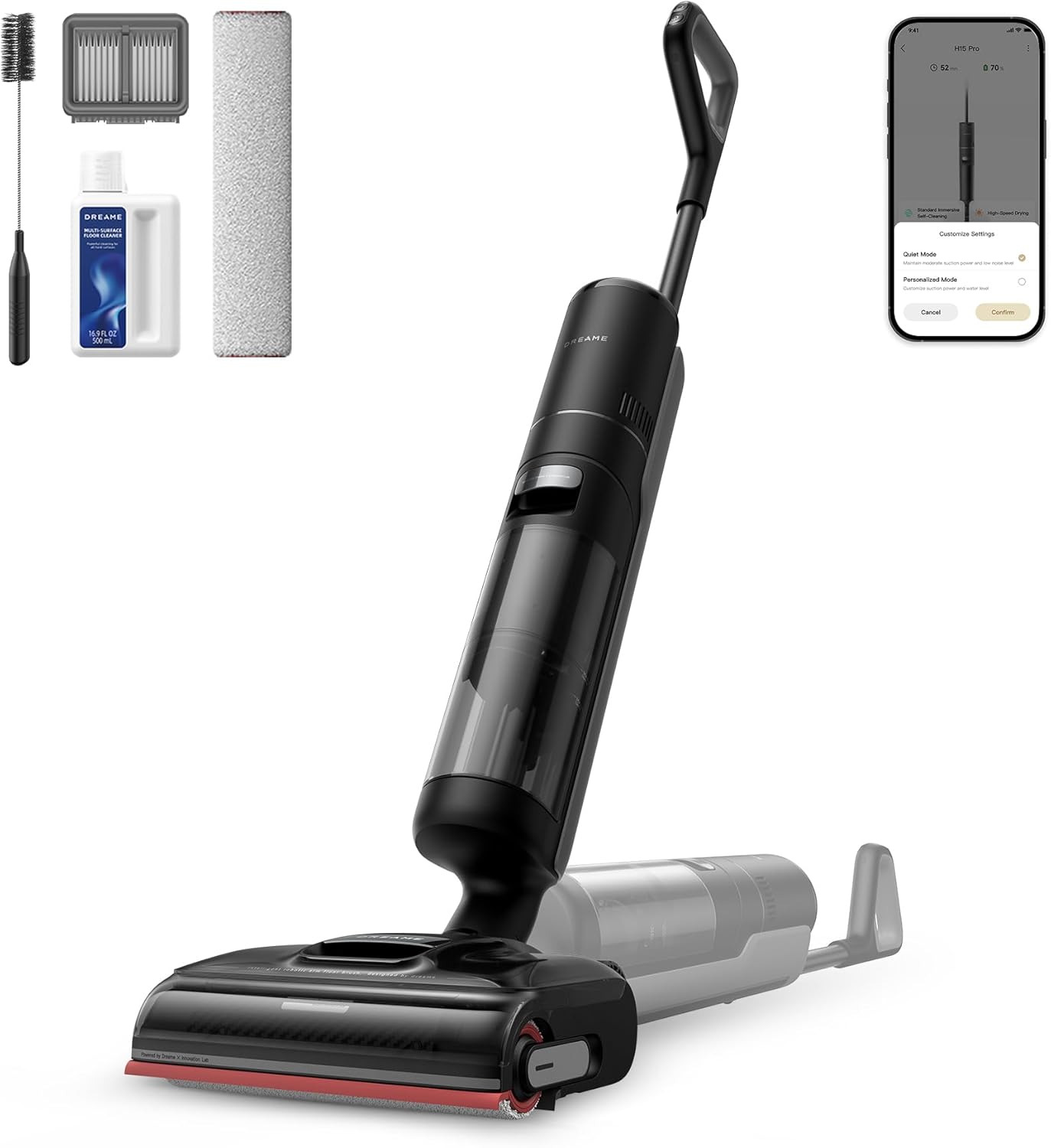 Dreame H15 Pro Wet & Dry Vacuum Cleaner and Mop, 21000Pa Suction, Up to 60 Min Runtime, 180° Lie-Flat Cleaning, ThermoTub 100°C Brush Self-Cleaning System, Hot Air Drying (Black)