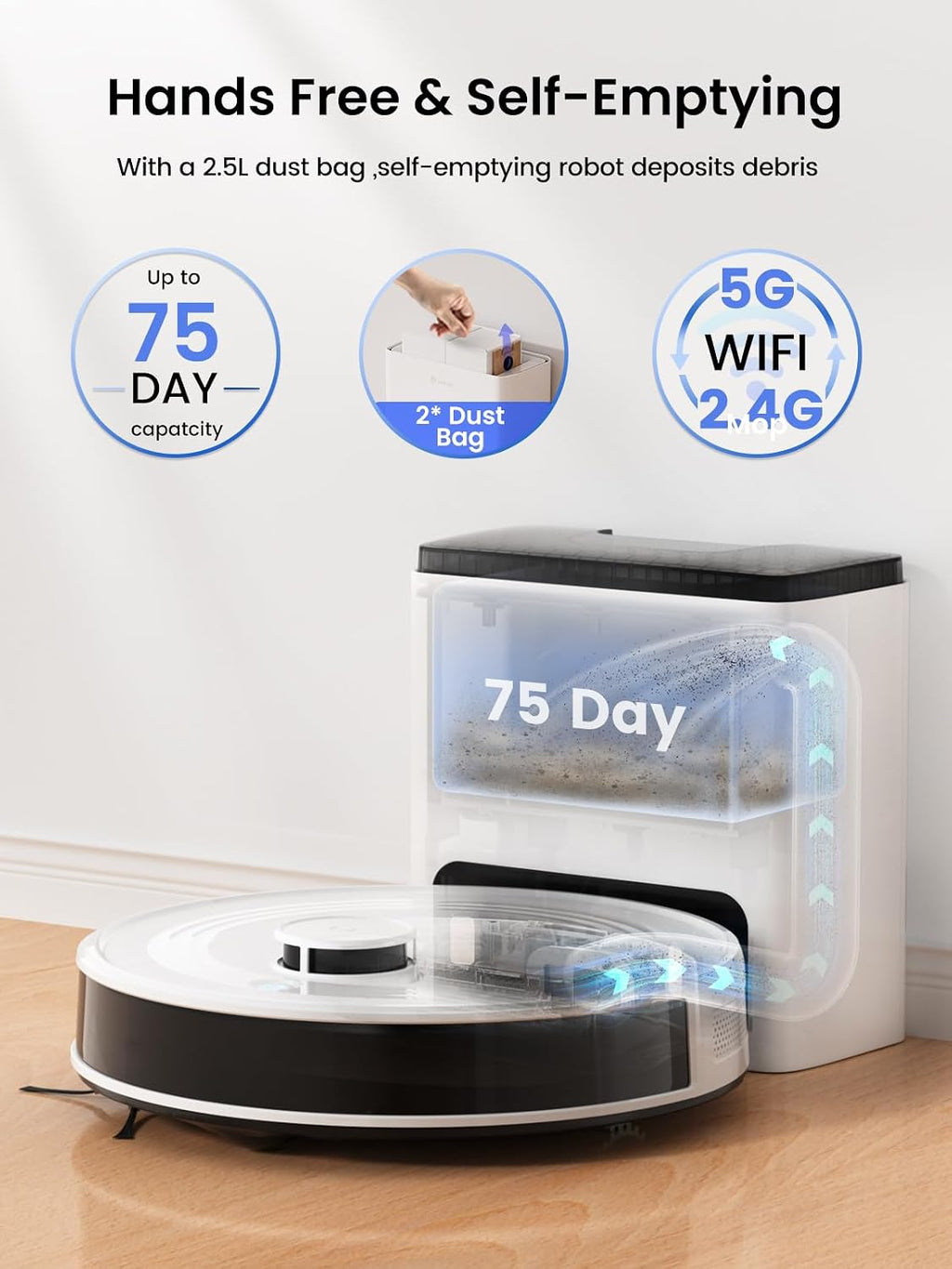 Lefant M2 Plus Robot Vacuum and Mop, 75-Day Self Emptying, 6000Pa Powerful Suction, dToF Laser Navigation, Customized Cleaning, Roller Brush for Carpet, Multi-Level Mapping, WiFi/App/Alexa, 2.4G/5G