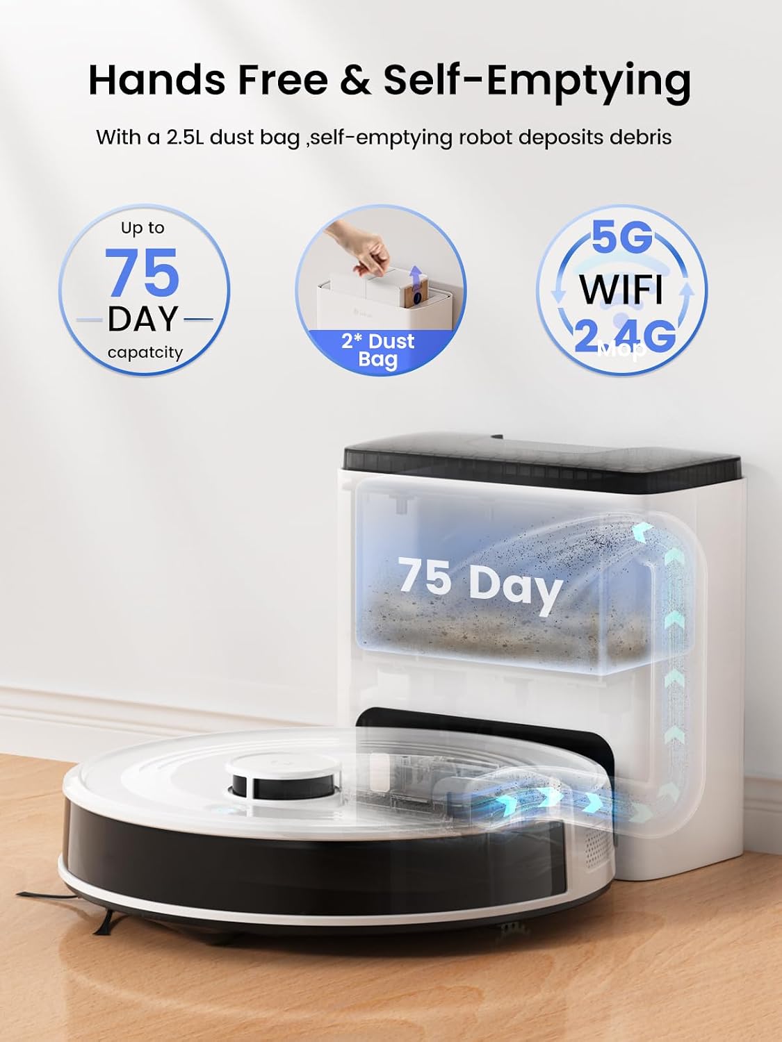 Lefant M2 Plus Robot Vacuum and Mop, 75-Day Self Emptying, 6000Pa Powerful Suction, dToF Laser Navigation, Customized Cleaning, Roller Brush for Carpet, Multi-Level Mapping, WiFi/App/Alexa, 2.4G/5G