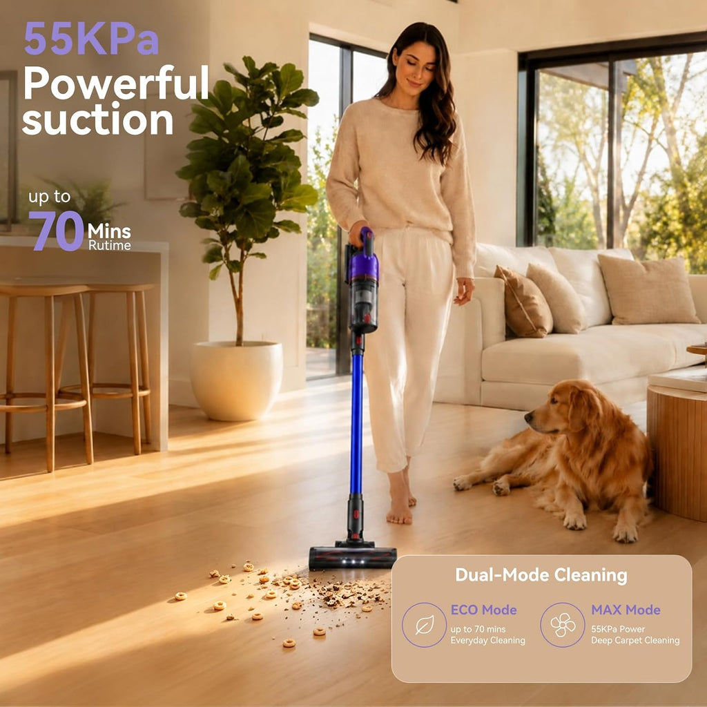 Powerful 5-in-1 Cordless Vacuum Cleaner with Green LED headlight, 55KPA 70Mins Stick Vacuum, 650W Dual Mode, Self-Standing, Anti-tangle, Low noise, Compact Vacuum Cleaners for Home/Pet Hair/All floors