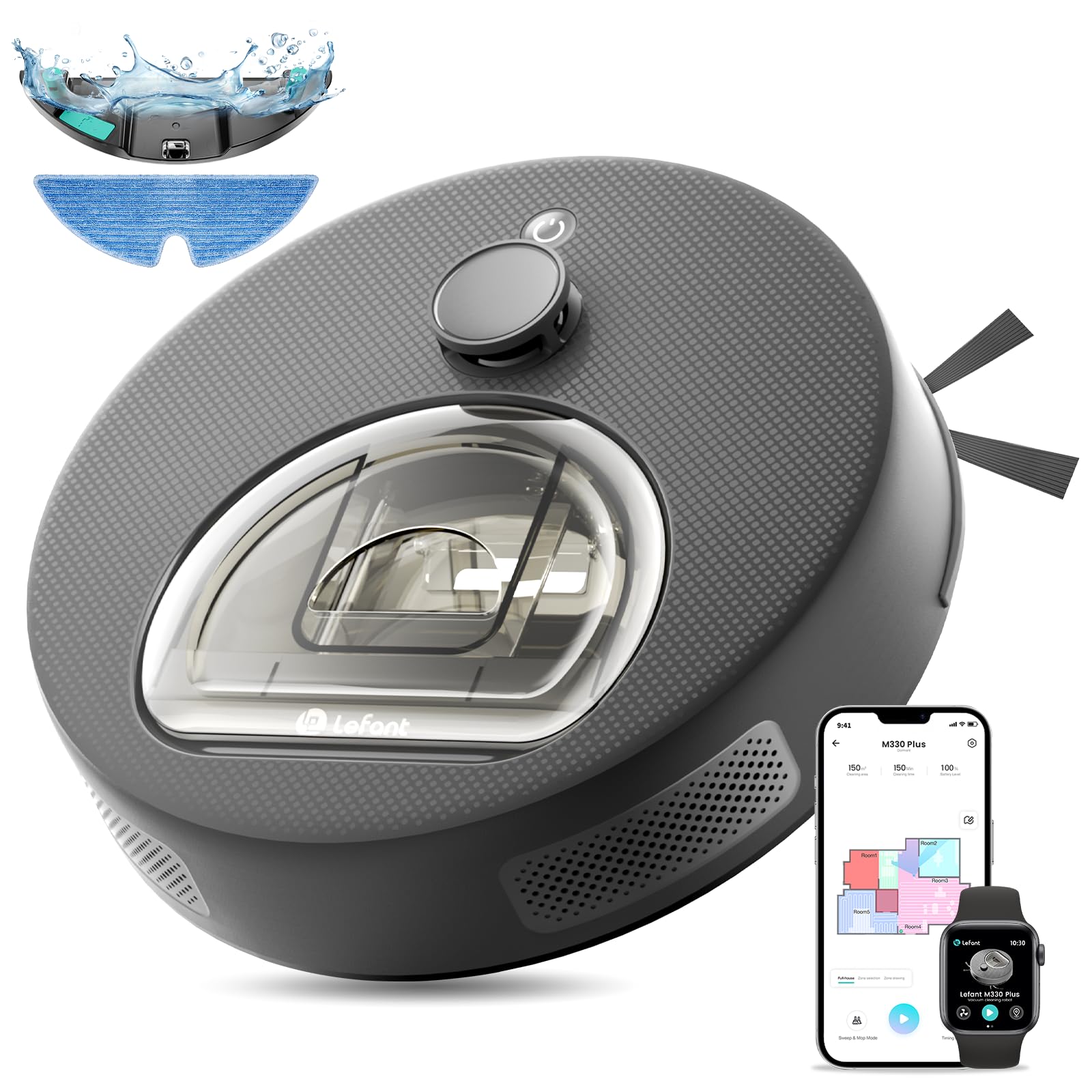 Lefant M330 Plus Robot Vacuum Cleaner and Mop Mapping 3 in 1, 5000Pa, 150 mins, dToF Navigation, Customized Cleaning, PSD 190° Obstacle Avoidance Technology, 2.4& 5G WiFi, Pet Hair & Carpets, Black