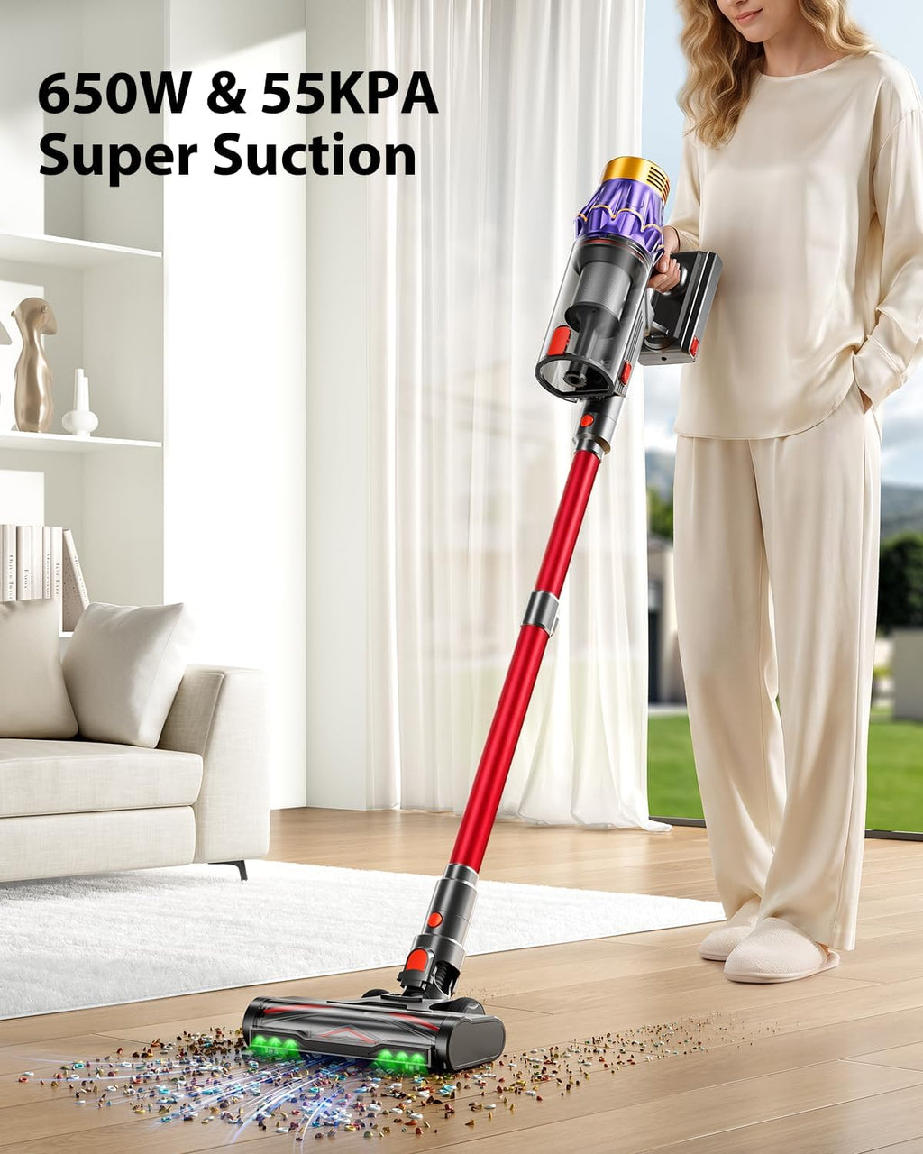 Cordless Vacuum Cleaner, 650W/55KPA/70 Mins Vacuum Cleaners for Home with Self-Standing, Anti-Tangle Vacuum Cordless, Smart Display and 1.8L Cup Cordless Stick Vacuum Cleaner for Pet Hair/Carpets