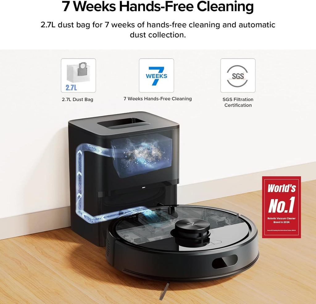 Roborock Q7T+ Robotic Vacuum Cleaner, Black, 8000 Pa Powerful Suction, App Control, HEPA Filter, Round, Battery Powered