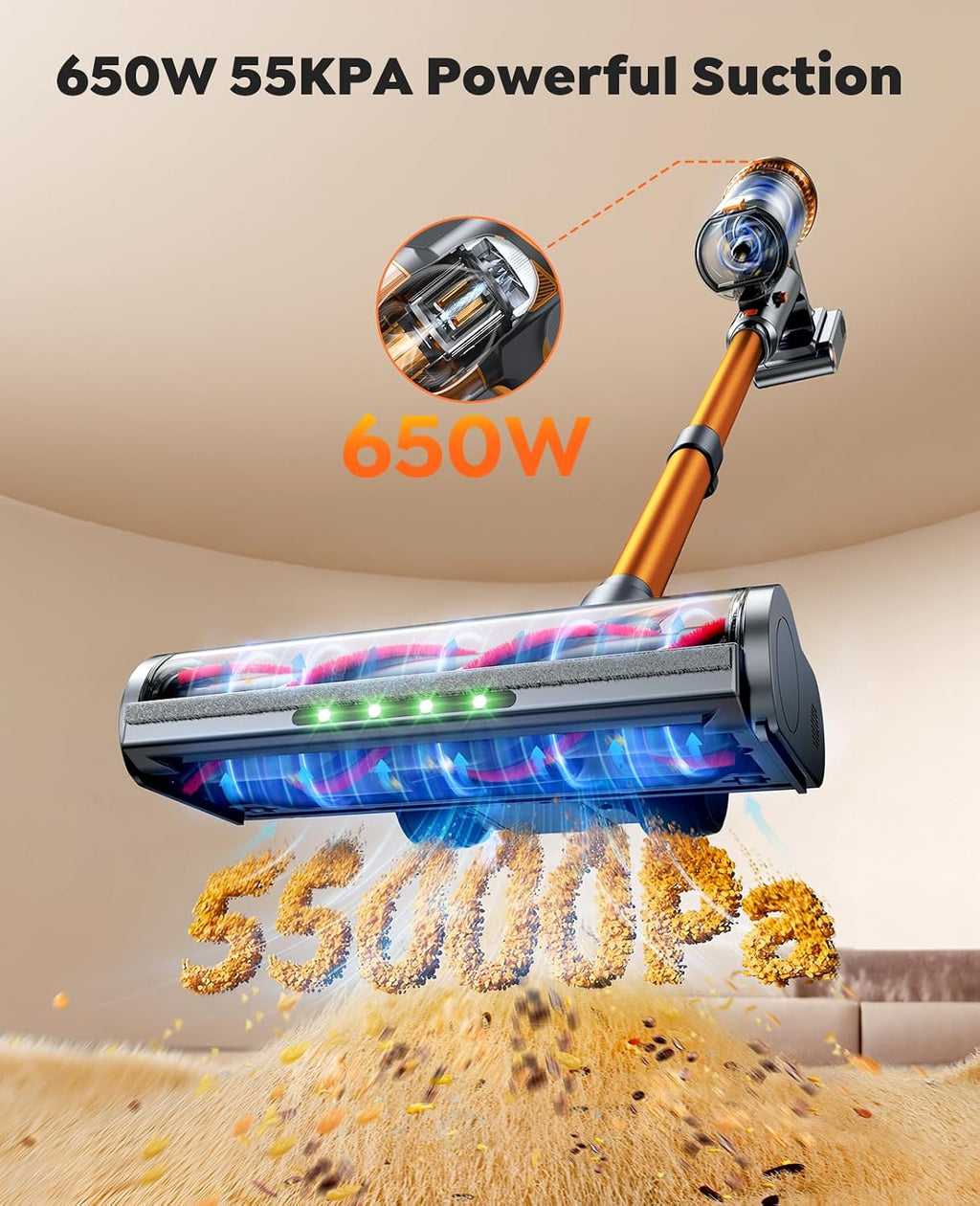Cordless Vacuum Cleaner, 650W/55KPA 65Min, Stick Vacuum with 1M Extendable Hose, Self-Stand Feature, Auto Mode, Wall Mounted Charging, Touchscreen, Anti-Tangle Vacuum for Pet Hair/Carpet/Floor/Car