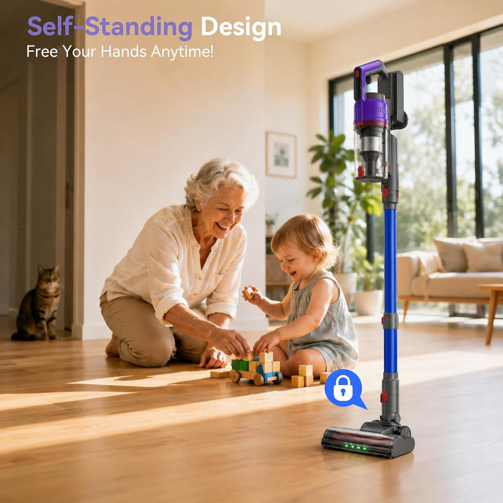 Powerful 5-in-1 Cordless Vacuum Cleaner with Green LED headlight, 55KPA 70Mins Stick Vacuum, 650W Dual Mode, Self-Standing, Anti-tangle, Low noise, Compact Vacuum Cleaners for Home/Pet Hair/All floors