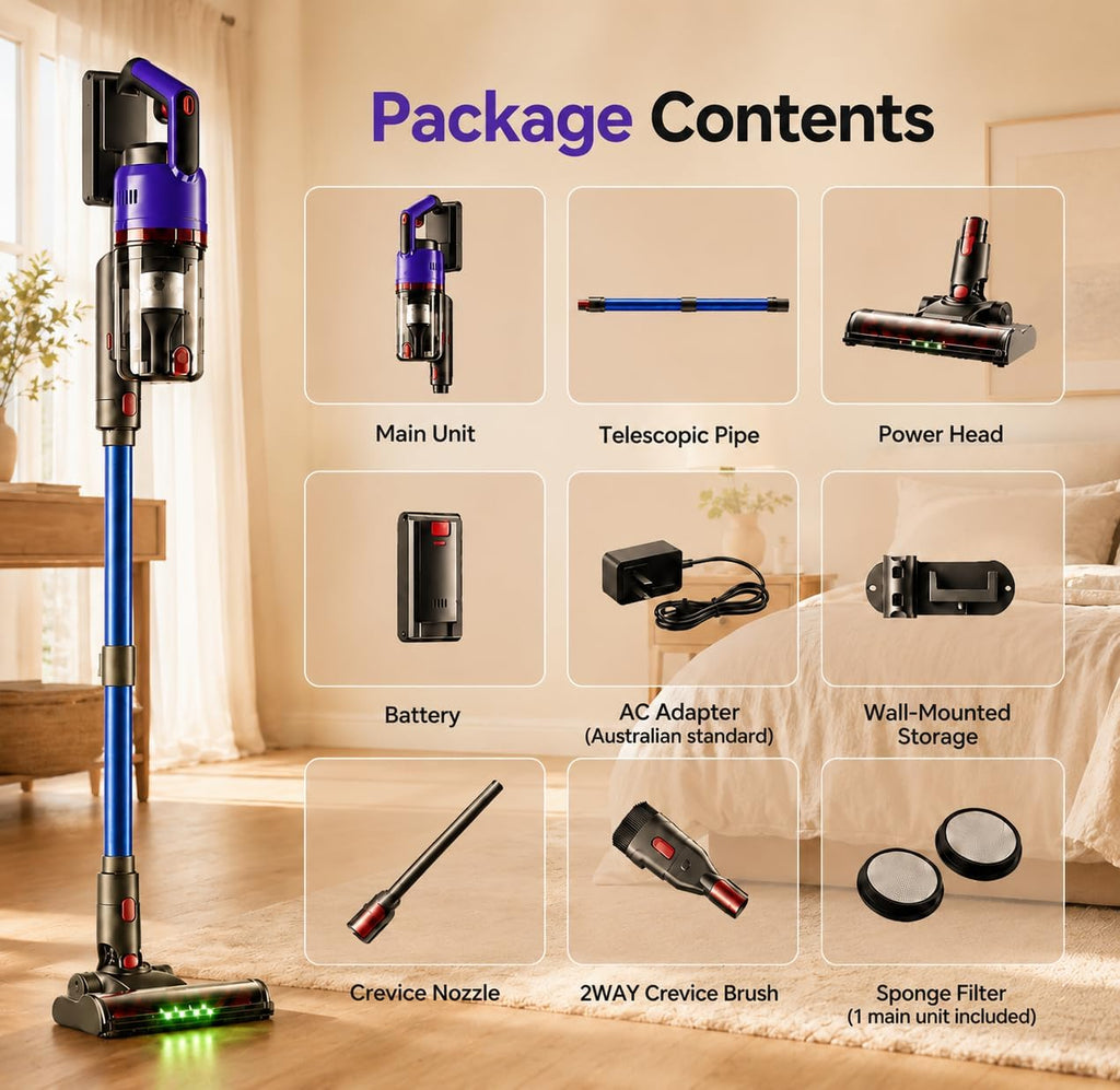 Powerful 5-in-1 Cordless Vacuum Cleaner with Green LED headlight, 55KPA 70Mins Stick Vacuum, 650W Dual Mode, Self-Standing, Anti-tangle, Low noise, Compact Vacuum Cleaners for Home/Pet Hair/All floors