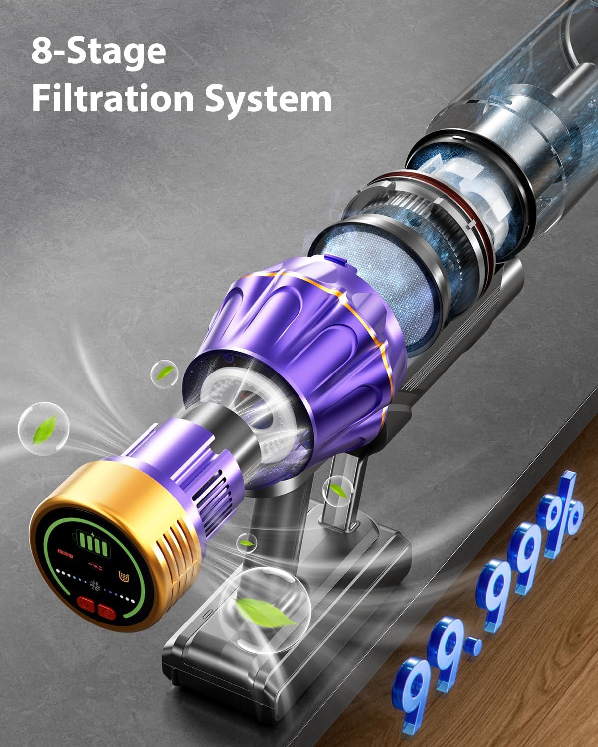 Cordless Vacuum Cleaner, 650W/55KPA/70 Mins Vacuum Cleaners for Home with Self-Standing, Anti-Tangle Vacuum Cordless, Smart Display and 1.8L Cup Cordless Stick Vacuum Cleaner for Pet Hair/Carpets