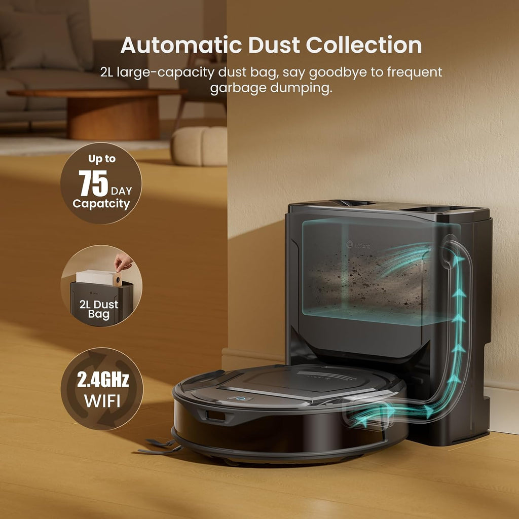 Lefant M210 Plus Robot Vacuum, Sweep & Mop in One, 6000Pa, 75-Day Self Emptying, ToF Laser Navigation, Ultra-Slim Body 80mm, V-Shaped Roller Brush, Multi-Level Mapping, 2.4G/5G WiFi/App/Alexa