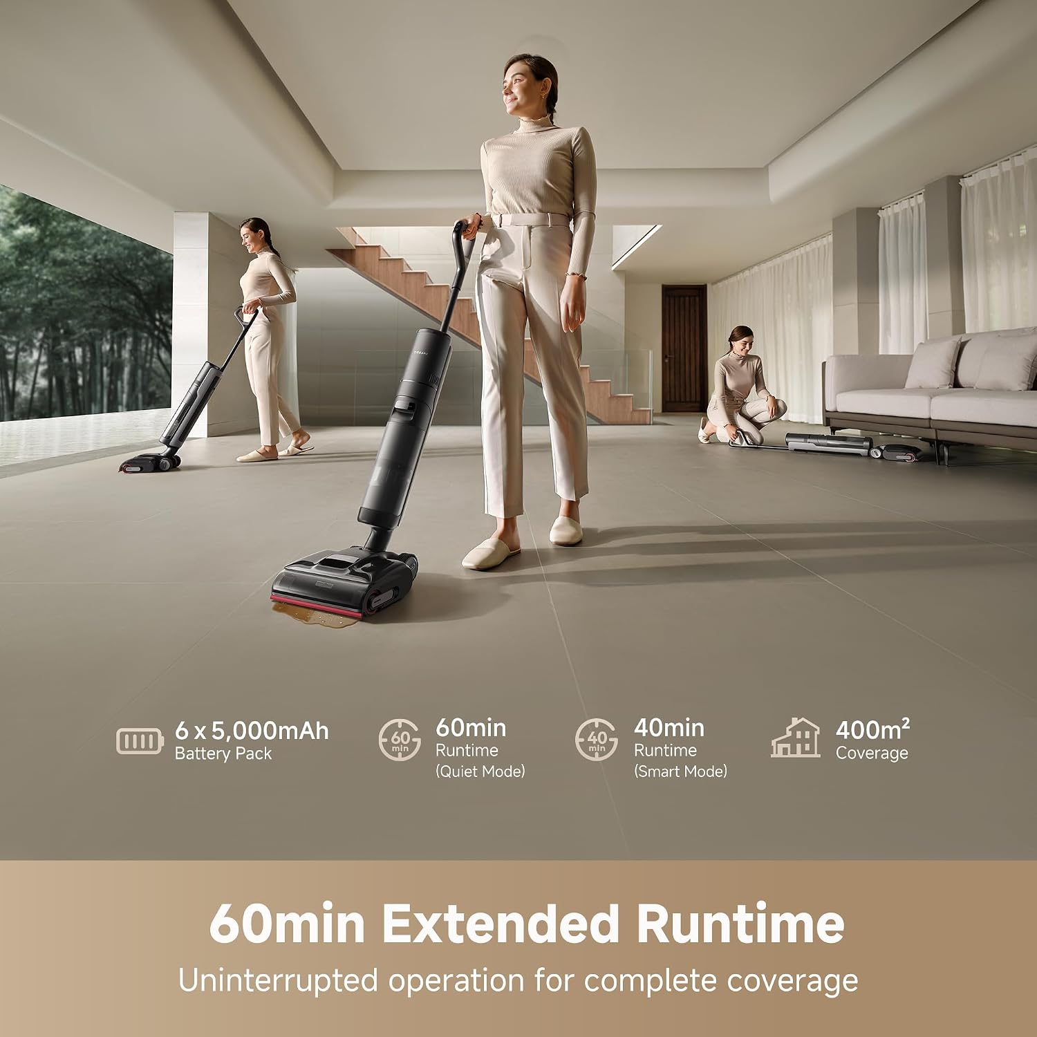 Dreame H15 Pro Wet & Dry Vacuum Cleaner and Mop, 21000Pa Suction, Up to 60 Min Runtime, 180° Lie-Flat Cleaning, ThermoTub 100°C Brush Self-Cleaning System, Hot Air Drying (Black)