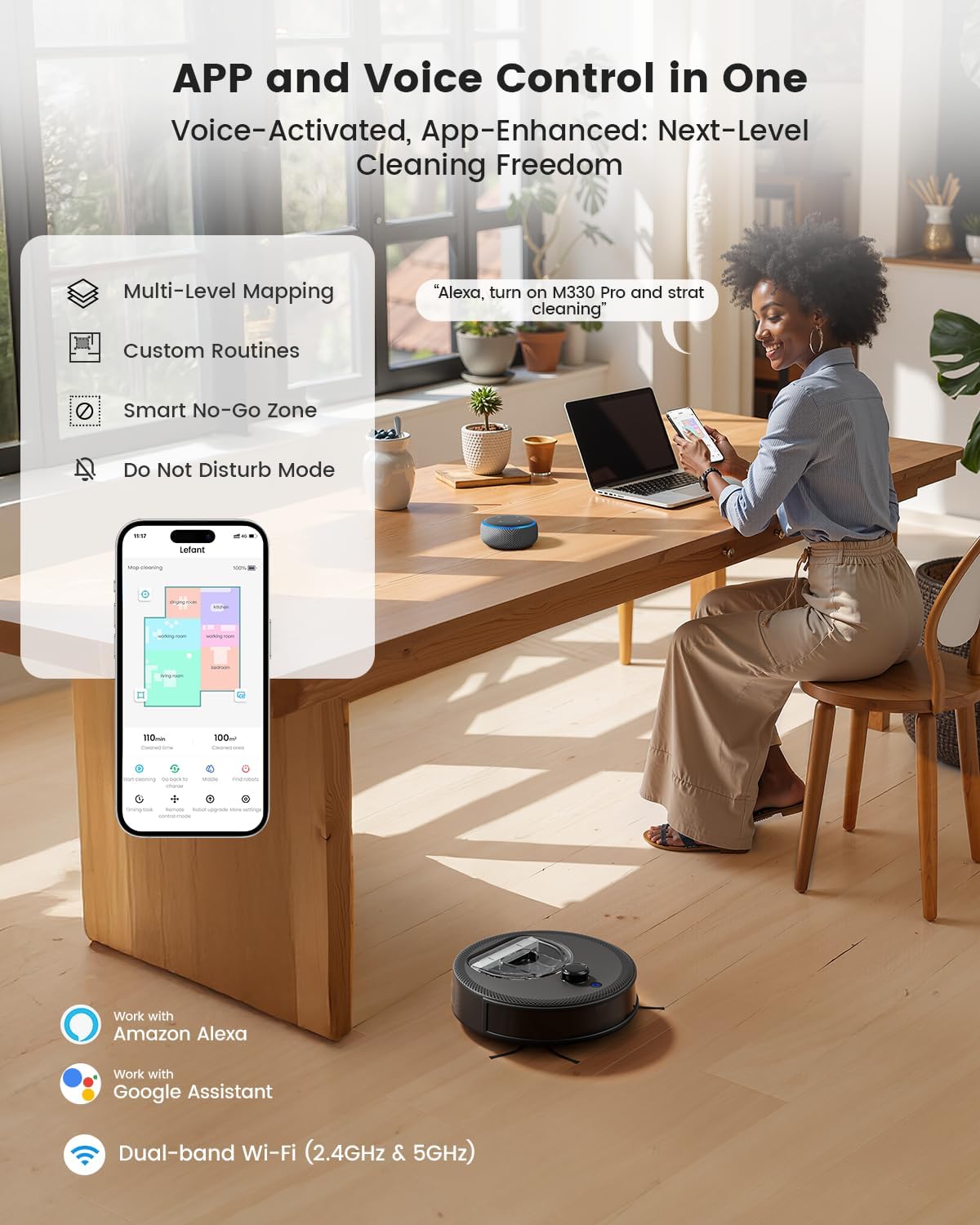 Lefant M330 Pro Robot Vacuum Cleaner and Mop Mapping 3 in 1, 5000Pa, dToF Navigation, Customized Cleaning, 150 mins, Upgraded PSD 190° Obstacle Avoidance Technology, 2.4&5G WiFi, Pet Hair & Carpets