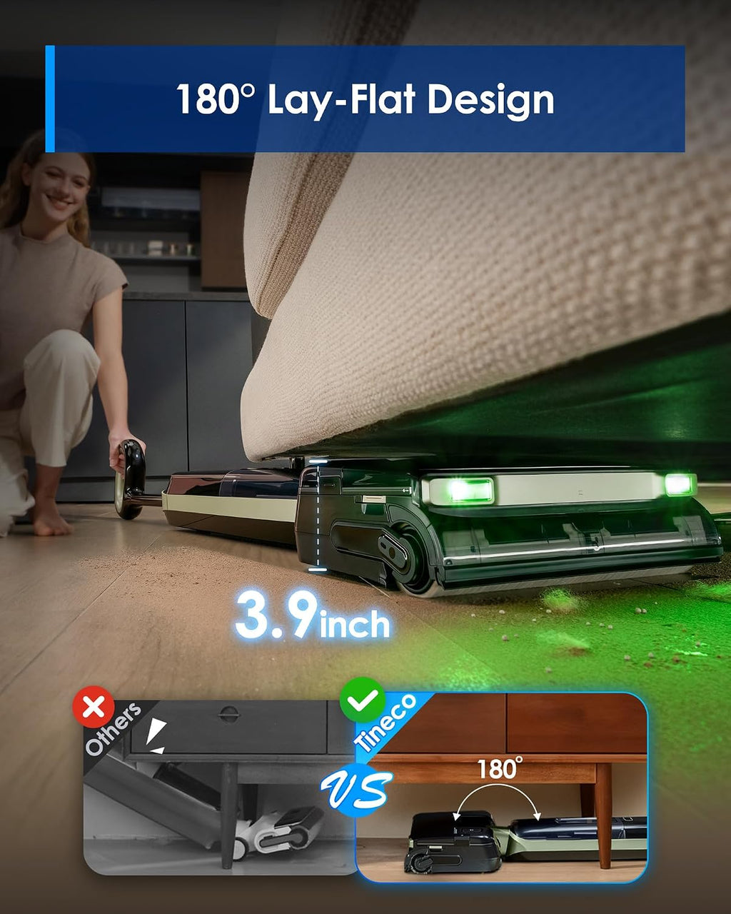 Tineco Floor ONE S7 Master Wet Dry Vacuum Cleaner, 23kPa Suction Vacuum Mop with DustReveal Green Headlight, 65 Min Runtime, 85℃ Flashdry, 9.9cm Ultra-Slim Stretch Mo