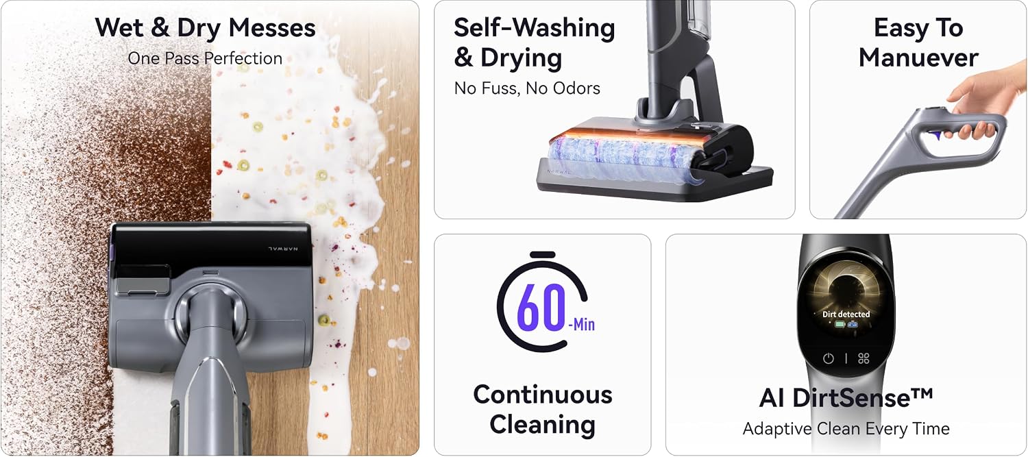 Narwal S20 Pro Cordless Vacuum Mop with Self-Cleaning, Wet Dry Vacuum Cleaner for Hard Floors, Ideal for Families with Kids and Pets