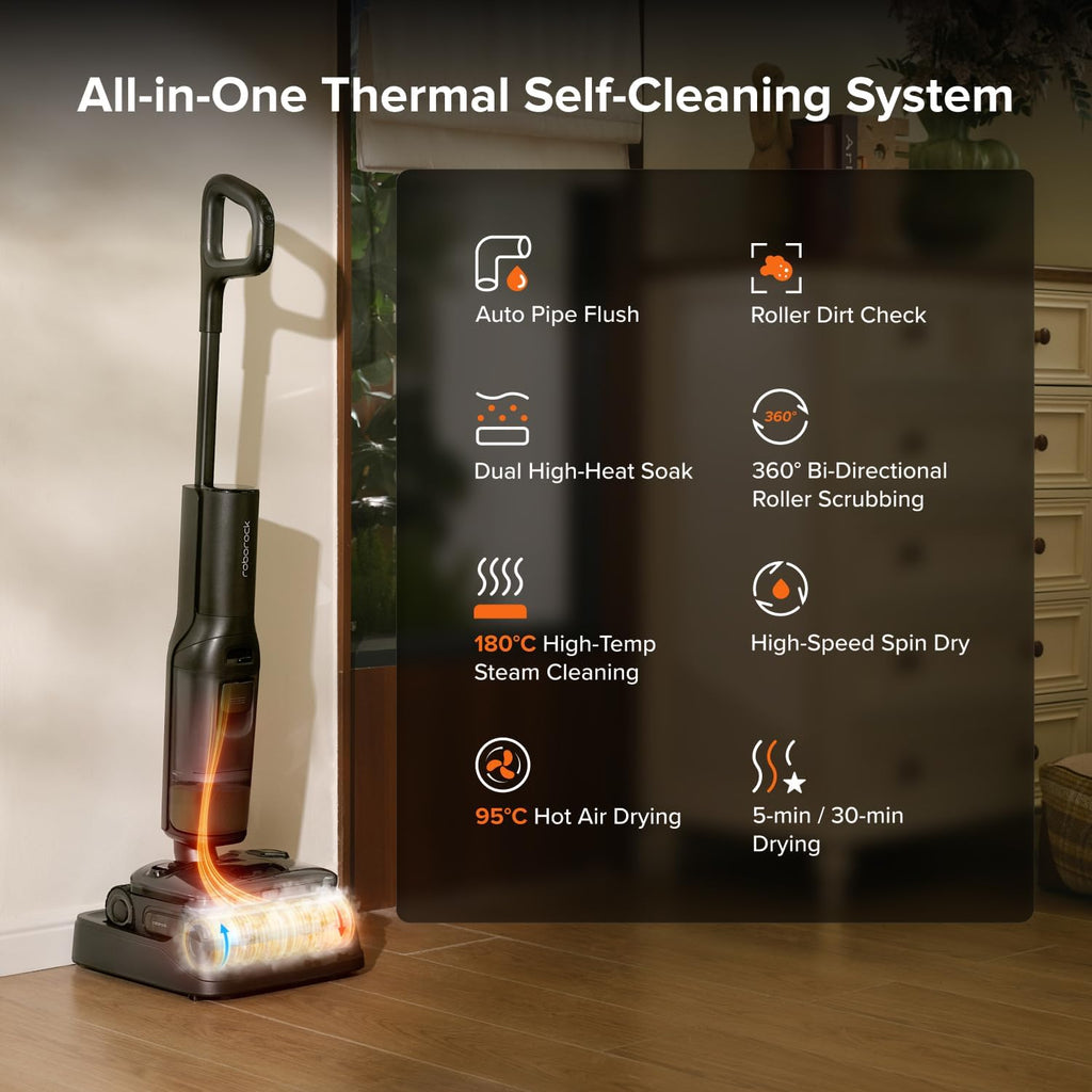 roborock F25 Steam Wet Dry Vacuum Cleaner, 80min Runtime, Great for Sticky Messes, 90°C Self-Cleaning, 95℃ Hot Air Drying, <1 mm Gap Edge-to-Edge Cleaning, Extended Battery Lifespan