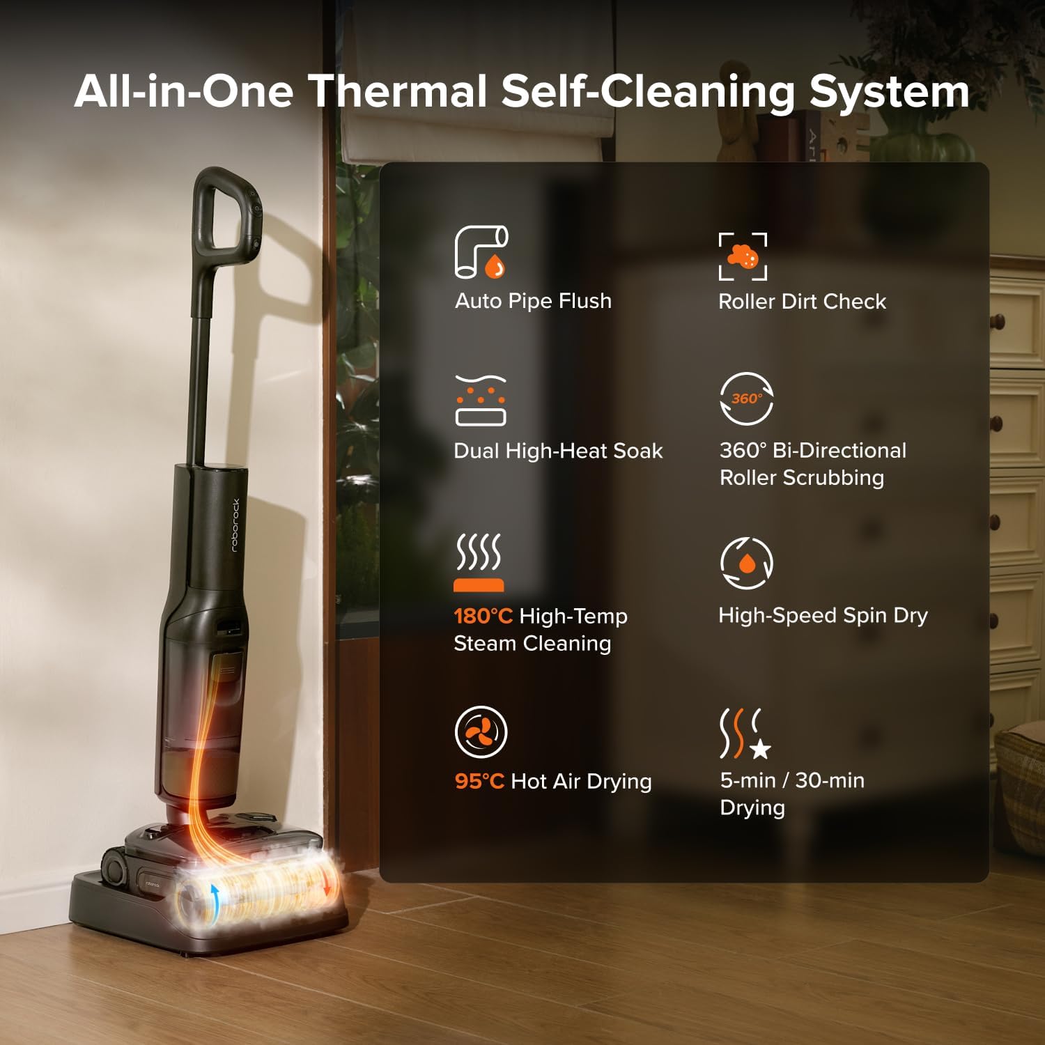 roborock F25 Steam Wet Dry Vacuum Cleaner, 80min Runtime, Great for Sticky Messes, 90°C Self-Cleaning, 95℃ Hot Air Drying, <1 mm Gap Edge-to-Edge Cleaning, Extended Battery Lifespan