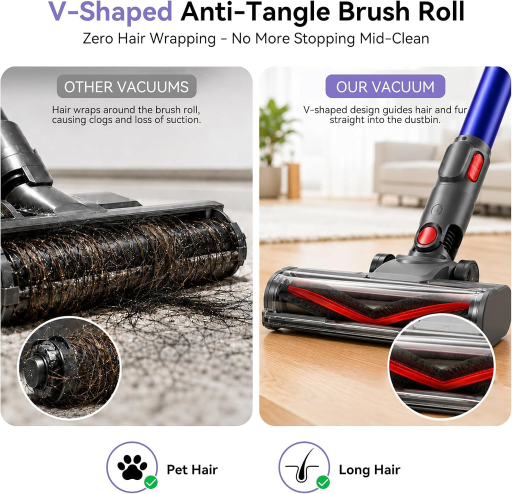 Powerful 5-in-1 Cordless Vacuum Cleaner with Green LED headlight, 55KPA 70Mins Stick Vacuum, 650W Dual Mode, Self-Standing, Anti-tangle, Low noise, Compact Vacuum Cleaners for Home/Pet Hair/All floors