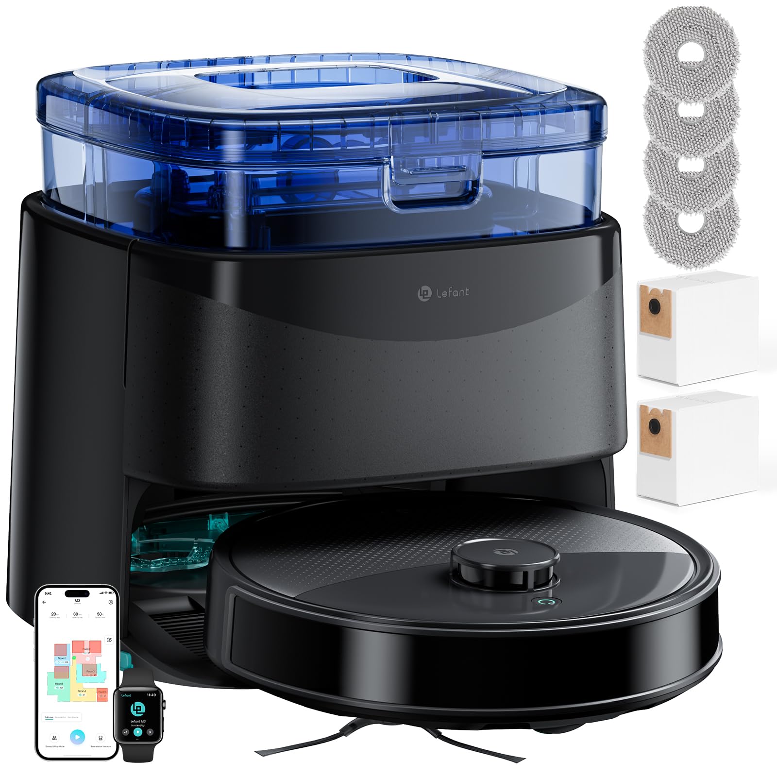 Lefant M2 Robot Vacuum and Mop, Upgraded PSD Obstacle Avoidance Technology, 6000Pa Strong Suction, 160min Runtime, dToF Navigation, Customized Cleaning, 3-Floor Mapping, WiFi/App/Alexa 2.4G & 5G