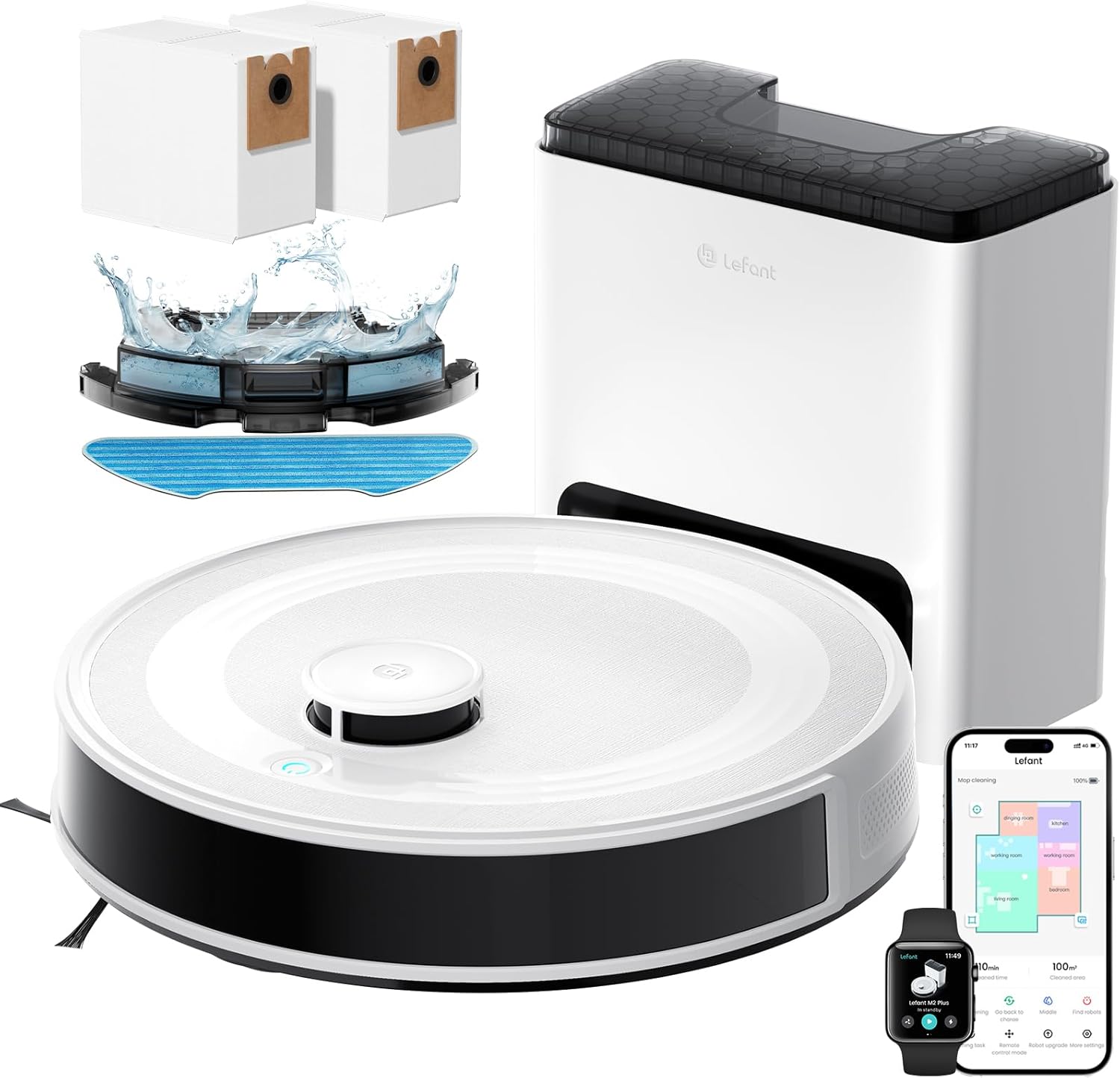 Lefant M2 Plus Robot Vacuum and Mop, 75-Day Self Emptying, 6000Pa Powerful Suction, dToF Laser Navigation, Customized Cleaning, Roller Brush for Carpet, Multi-Level Mapping, WiFi/App/Alexa, 2.4G/5G
