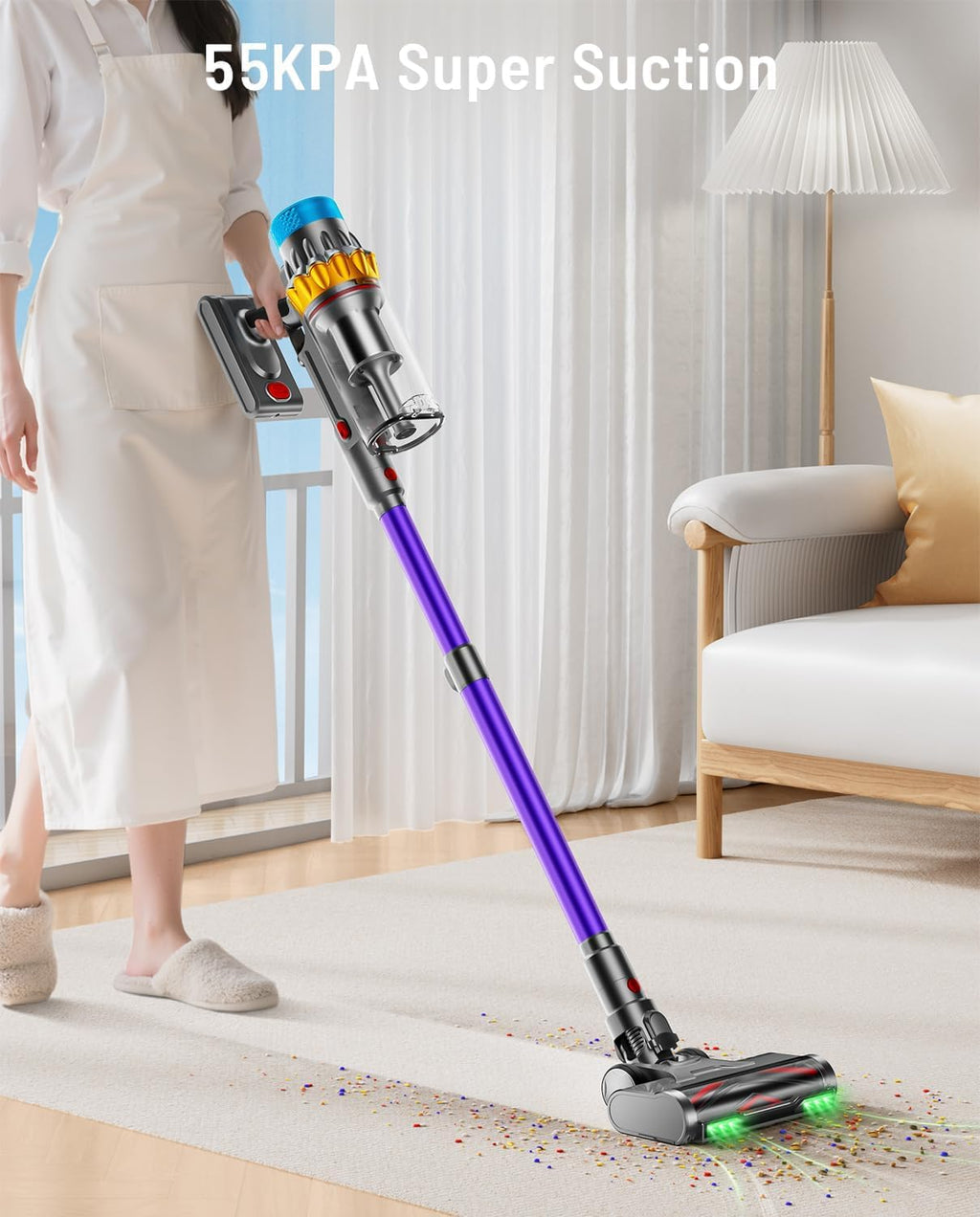 Cordless Vacuum Cleaner, 650W 55KPA 70Mins Cordless Stick Vacuum Cleaners with Self-Standing, LED Screen, Wall-Mounted Charging, Anti-Tangle Stick Vacuum Cleaners for All Floors