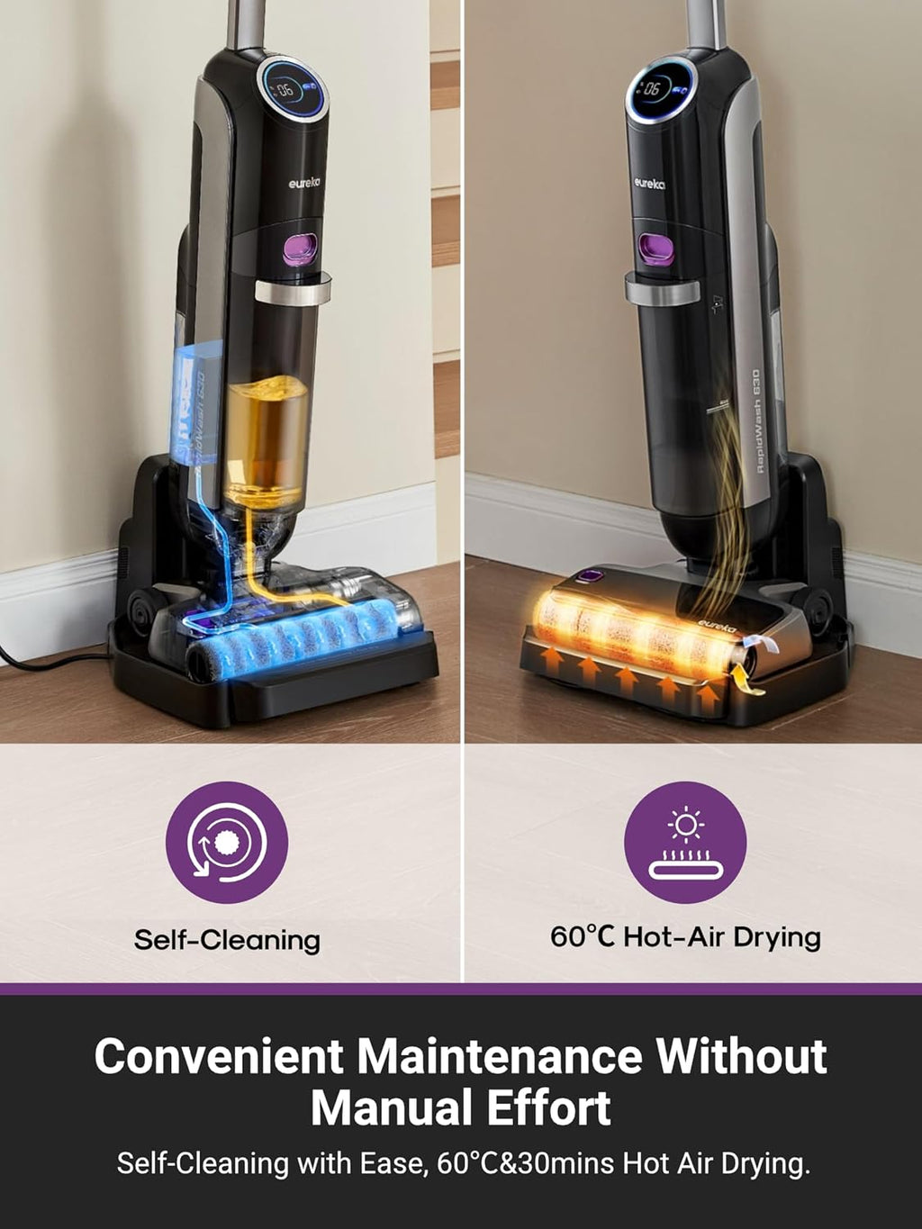 EUREKA RapidWash NEW630 Cordless Wet Dry Vacuum Cleaner, 21600Pa Smart Hard Floor Washer with 170° Lay-Flat, 60℃ Hot Air Flash Drying, Self-Cleaning, Edge Clean, Messes Detection, Tangle-Free Design