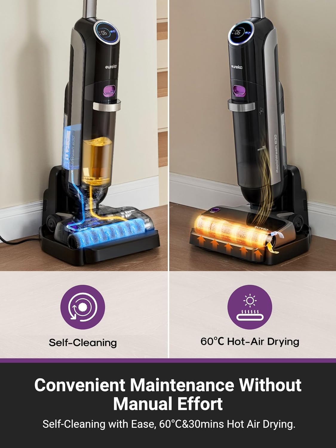 EUREKA RapidWash NEW630 Cordless Wet Dry Vacuum Cleaner, 21600Pa Smart Hard Floor Washer with 170° Lay-Flat, 60℃ Hot Air Flash Drying, Self-Cleaning, Edge Clean, Messes Detection, Tangle-Free Design