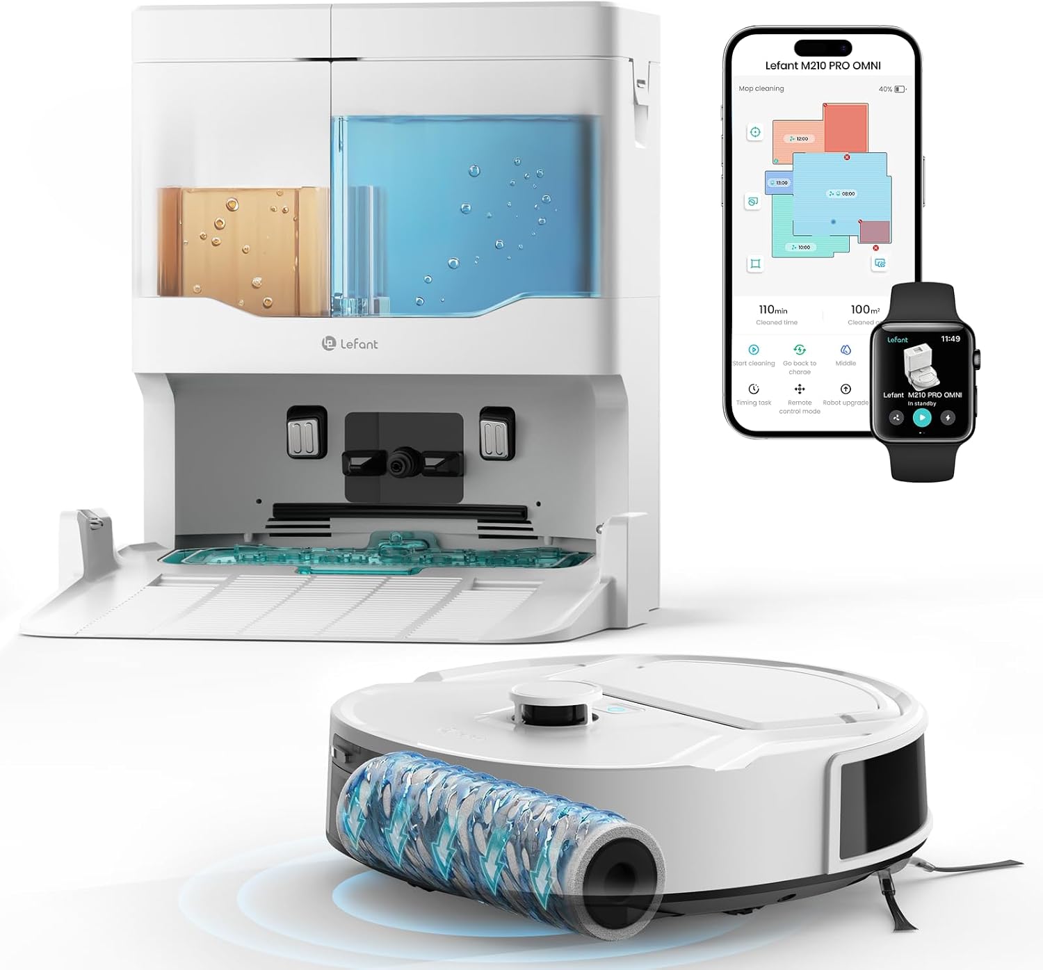 Lefant M210 Pro Omni Robot Vacuum and Mop, 20,000Pa Suction, Real-Time Roller Mop Cleaning, Self-Cleaning Dock, dToF LiDAR Mapping, PSD Obstacle Avoidance, Pet Hair, WiFi App & Alexa, White