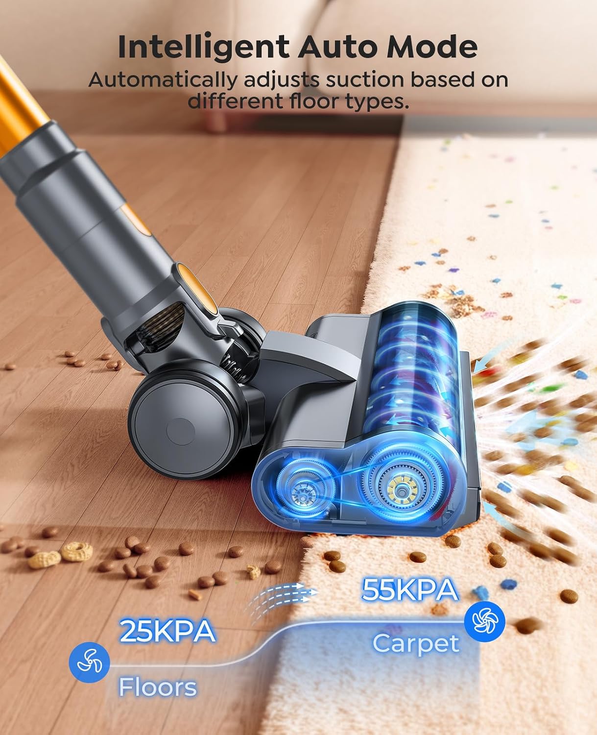 Cordless Vacuum Cleaner, 650W/55KPA 65Min, Stick Vacuum with 1M Extendable Hose, Self-Stand Feature, Auto Mode, Wall Mounted Charging, Touchscreen, Anti-Tangle Vacuum for Pet Hair/Carpet/Floor/Car