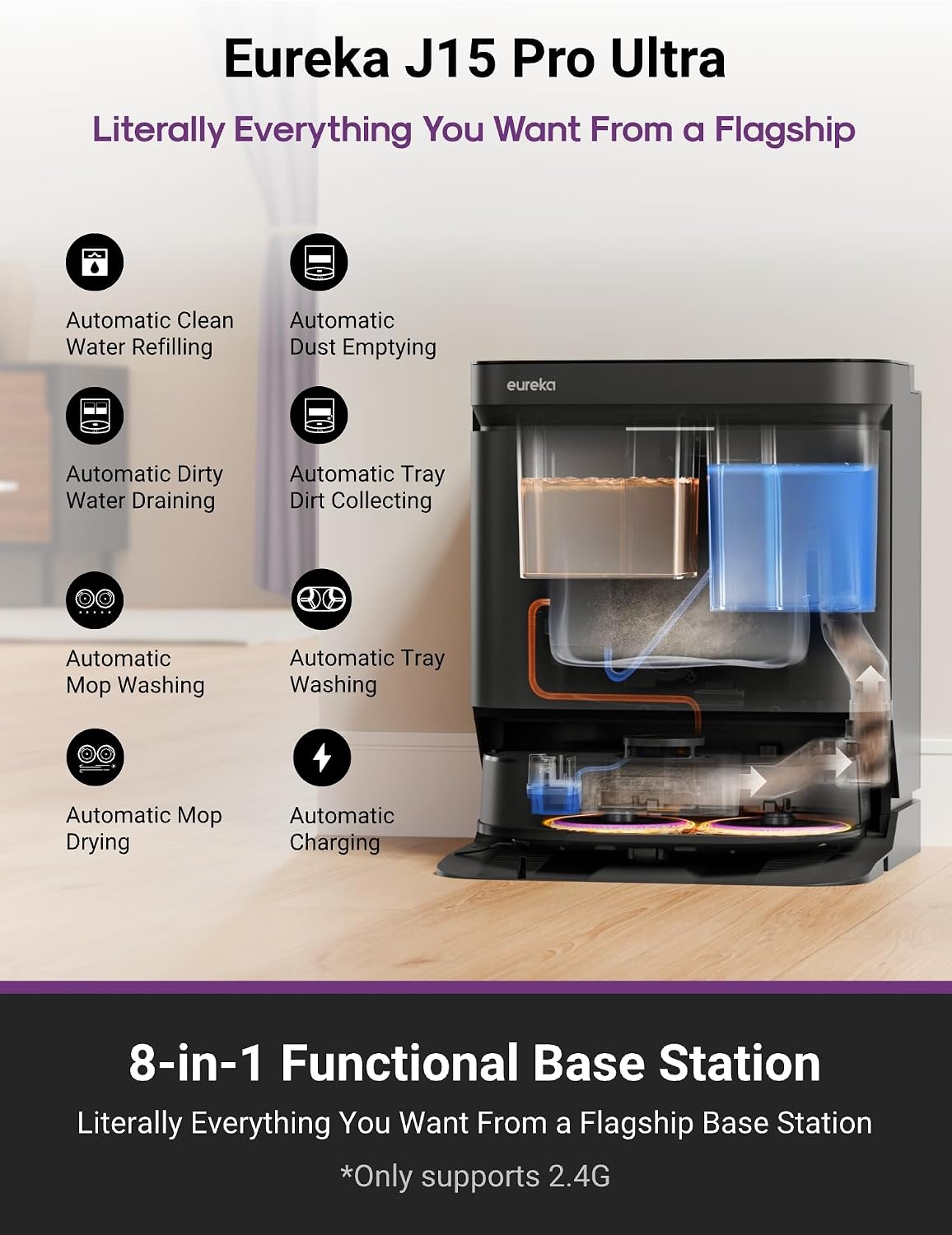 Eureka J15 Pro Ultra Robot Vacuum Cleaner and Mop, 16,200 Pa Suction, Flex-Arm Design Mop, Hot Water Mop Washing & Hot Air Drying, Active Hair Cutting Design, AI Obstacle Avoidance, Black