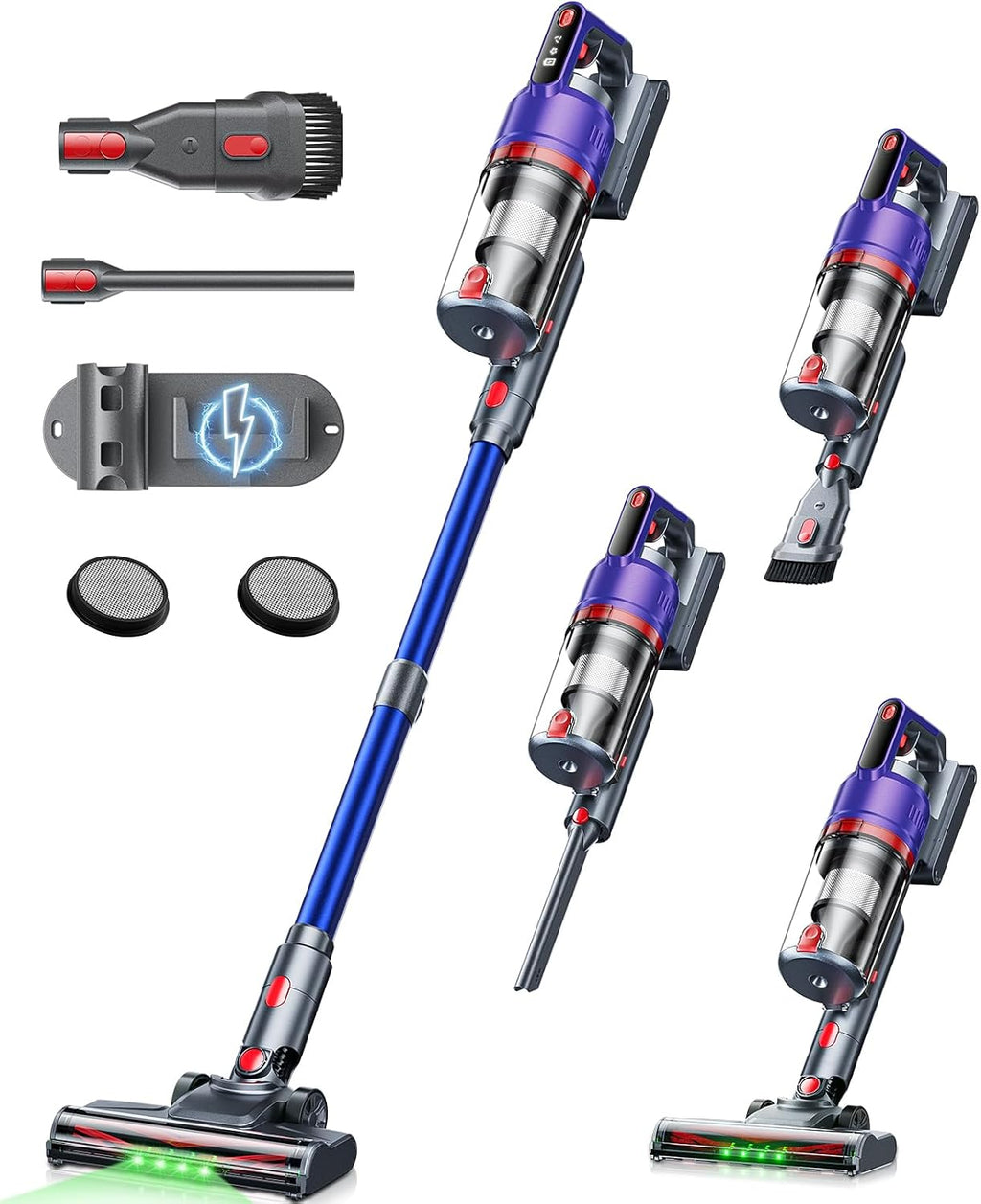 Powerful 5-in-1 Cordless Vacuum Cleaner with Green LED headlight, 55KPA 70Mins Stick Vacuum, 650W Dual Mode, Self-Standing, Anti-tangle, Low noise, Compact Vacuum Cleaners for Home/Pet Hair/All floors