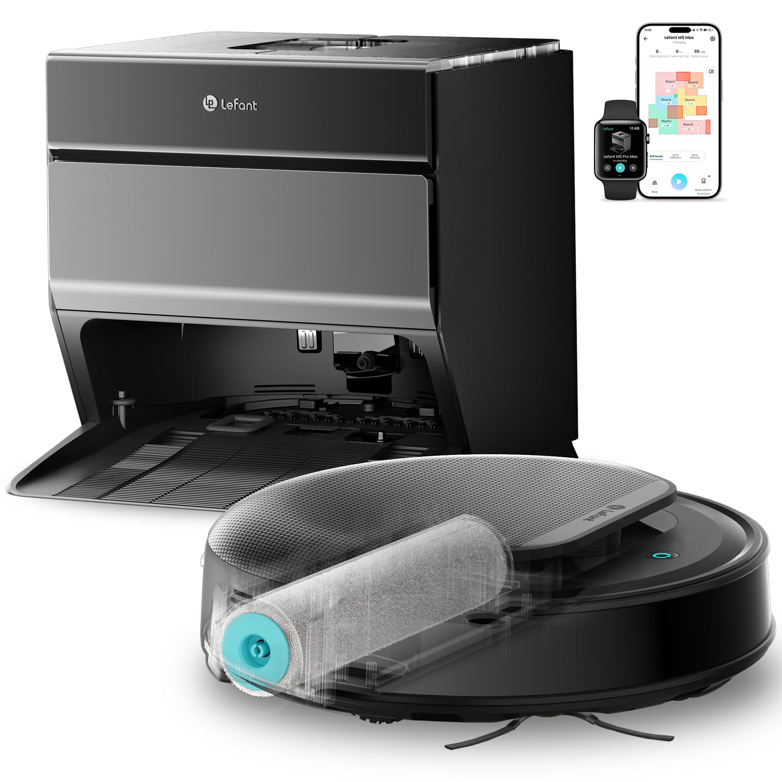 LEFANT M5 Max Robot Vacuum and Mop with Self-Emptying Base, 23000 Pa, 180mins, 3.2L Self-Emptying, 120-Day Hands-Free, dToF Laser Navigation, 5G WiFi/App/Alexa, Black