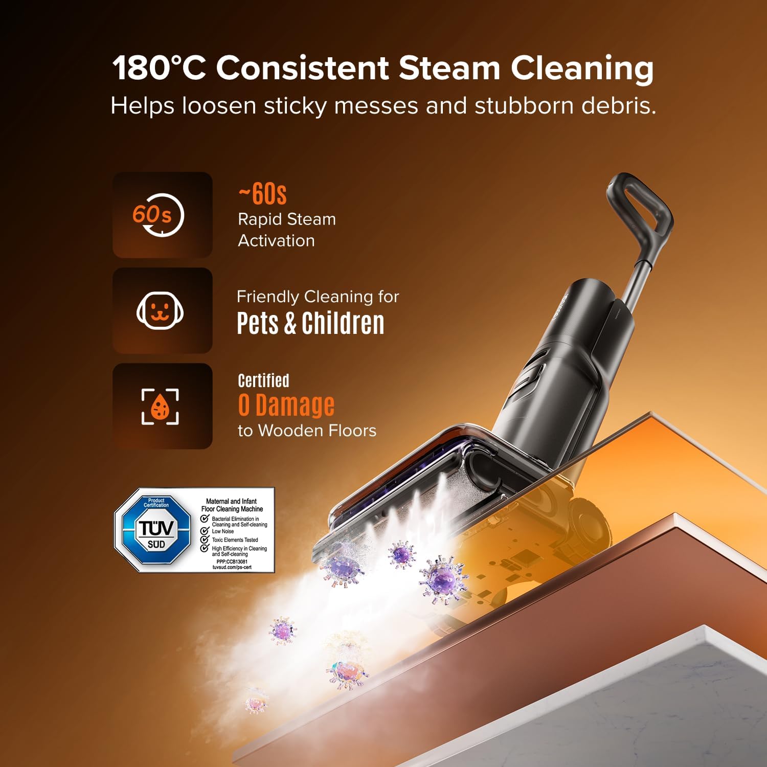 roborock F25 Steam Wet Dry Vacuum Cleaner, 80min Runtime, Great for Sticky Messes, 90°C Self-Cleaning, 95℃ Hot Air Drying, <1 mm Gap Edge-to-Edge Cleaning, Extended Battery Lifespan