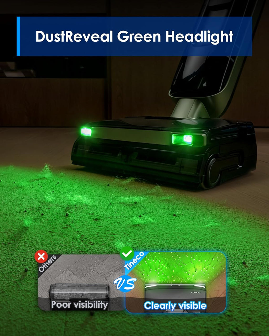 Tineco Floor ONE S7 Master Wet Dry Vacuum Cleaner, 23kPa Suction Vacuum Mop with DustReveal Green Headlight, 65 Min Runtime, 85℃ Flashdry, 9.9cm Ultra-Slim Stretch Mo