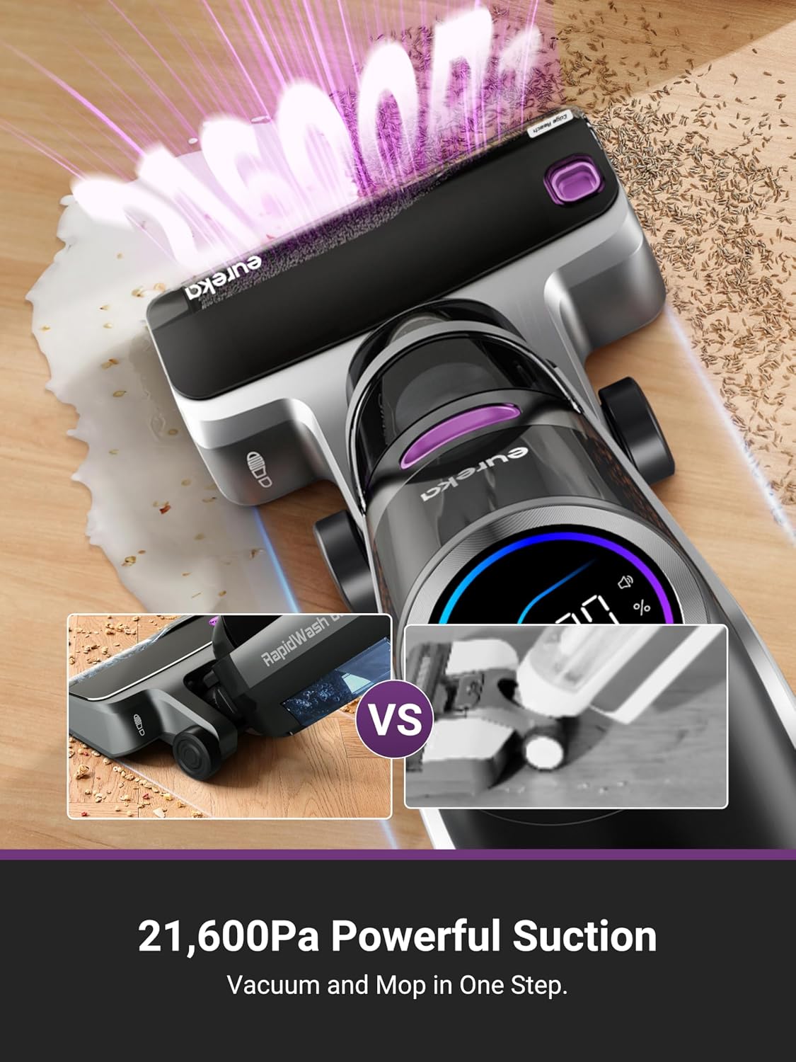 EUREKA RapidWash NEW630 Cordless Wet Dry Vacuum Cleaner, 21600Pa Smart Hard Floor Washer with 170° Lay-Flat, 60℃ Hot Air Flash Drying, Self-Cleaning, Edge Clean, Messes Detection, Tangle-Free Design