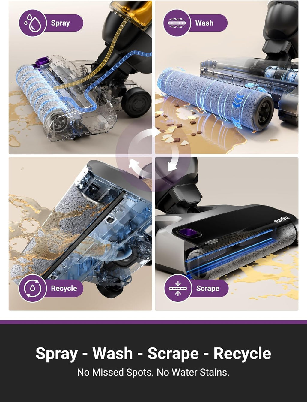 EUREKA RapidWash NEW630 Cordless Wet Dry Vacuum Cleaner, 21600Pa Smart Hard Floor Washer with 170° Lay-Flat, 60℃ Hot Air Flash Drying, Self-Cleaning, Edge Clean, Messes Detection, Tangle-Free Design