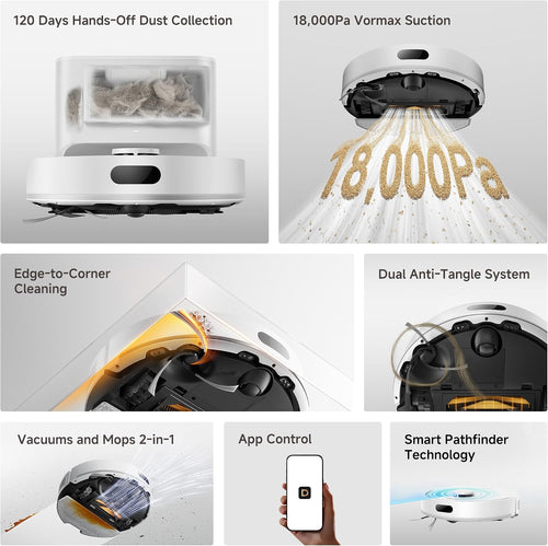 dreame F20 Eco Plus Robot Vacuum and Mop 2-in-1, 18,000Pa Suction, Auto-Empty Upgraded from F10,Obstacle Avoidance, Mopping, Dual Anti-Tangle System, Smart LiDAR Navigation, App & Voice Control, White