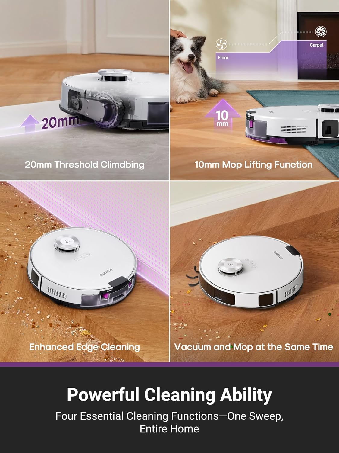 EUREKA E20 Evo Plus Robot Vacuum and Mop, Bagless Self-Emptying Station, 10000pa Suction, Anti Hair-Tangling Brush, LiDAR Navigation for Carpet&Hard Floors, Auto Lifting Mop, App Control, White