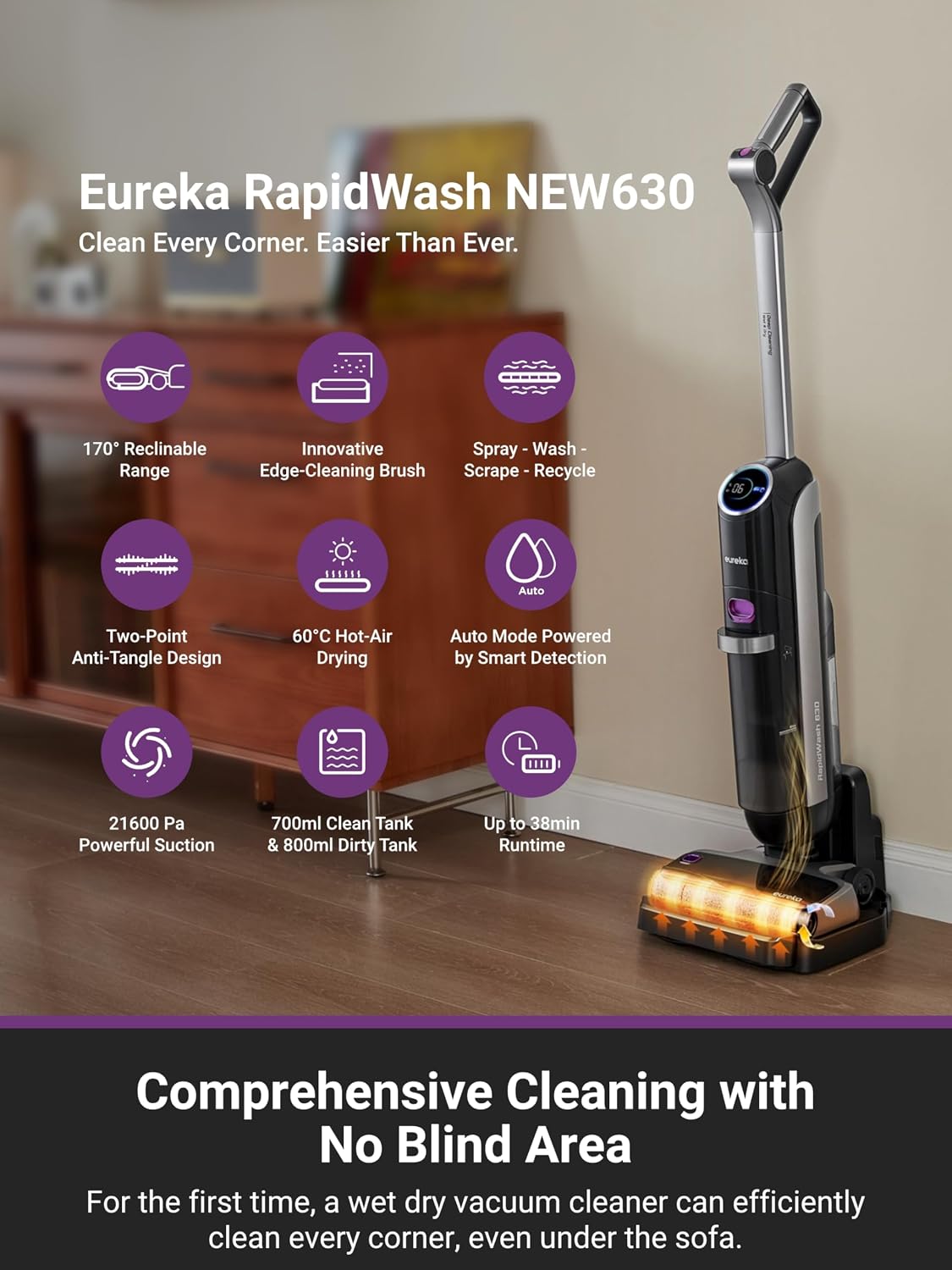 EUREKA RapidWash NEW630 Cordless Wet Dry Vacuum Cleaner, 21600Pa Smart Hard Floor Washer with 170° Lay-Flat, 60℃ Hot Air Flash Drying, Self-Cleaning, Edge Clean, Messes Detection, Tangle-Free Design