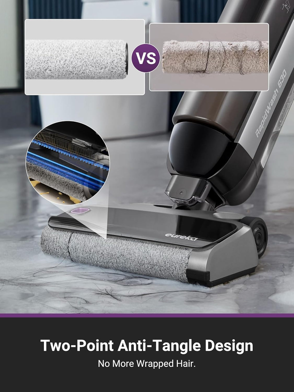 EUREKA RapidWash NEW630 Cordless Wet Dry Vacuum Cleaner, 21600Pa Smart Hard Floor Washer with 170° Lay-Flat, 60℃ Hot Air Flash Drying, Self-Cleaning, Edge Clean, Messes Detection, Tangle-Free Design