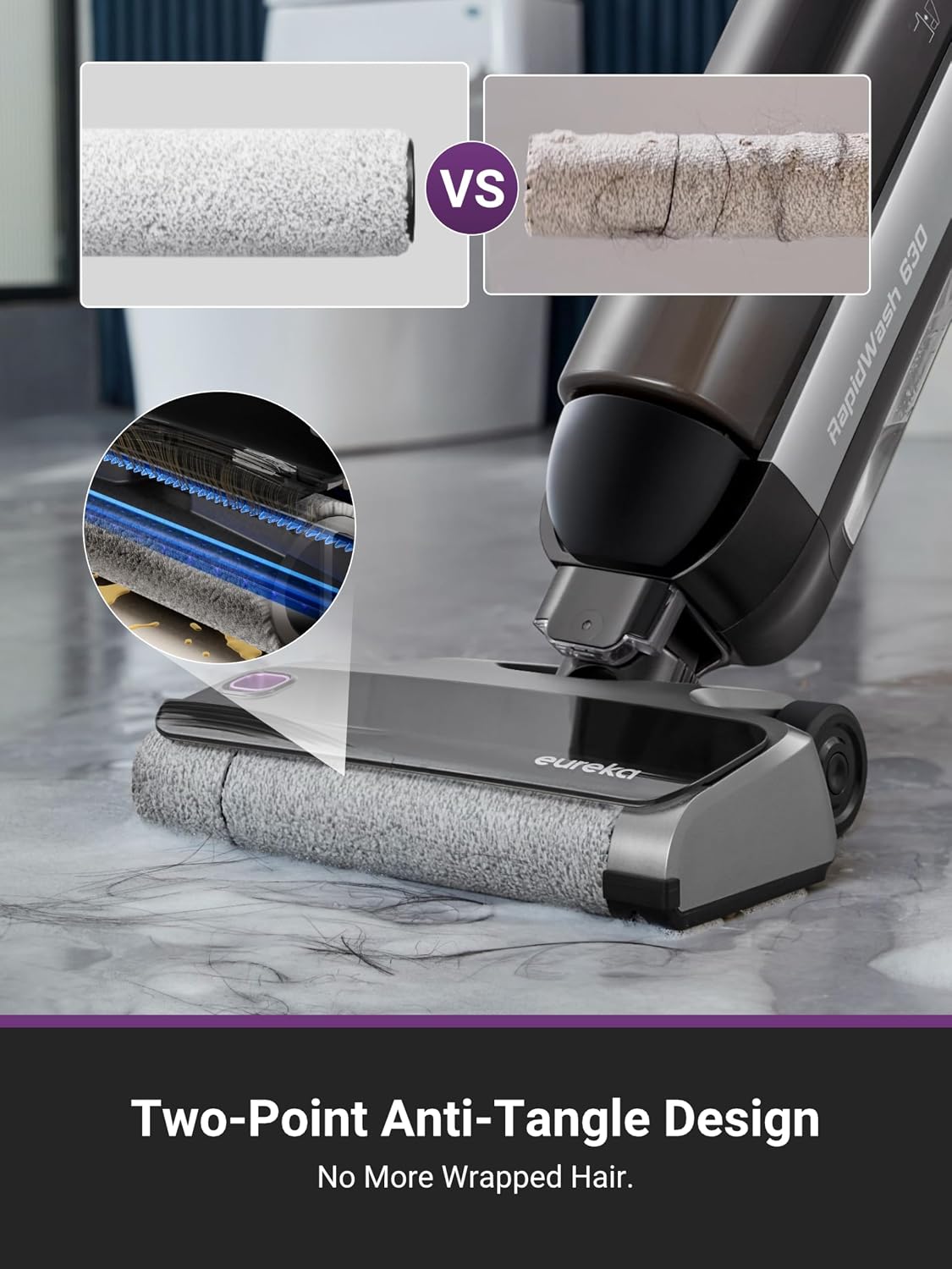 EUREKA RapidWash NEW630 Cordless Wet Dry Vacuum Cleaner, 21600Pa Smart Hard Floor Washer with 170° Lay-Flat, 60℃ Hot Air Flash Drying, Self-Cleaning, Edge Clean, Messes Detection, Tangle-Free Design