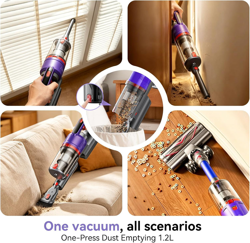 Powerful 5-in-1 Cordless Vacuum Cleaner with Green LED headlight, 55KPA 70Mins Stick Vacuum, 650W Dual Mode, Self-Standing, Anti-tangle, Low noise, Compact Vacuum Cleaners for Home/Pet Hair/All floors