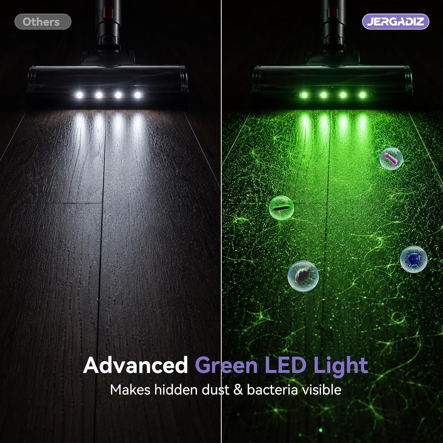 Powerful 5-in-1 Cordless Vacuum Cleaner with Green LED headlight, 55KPA 70Mins Stick Vacuum, 650W Dual Mode, Self-Standing, Anti-tangle, Low noise, Compact Vacuum Cleaners for Home/Pet Hair/All floors