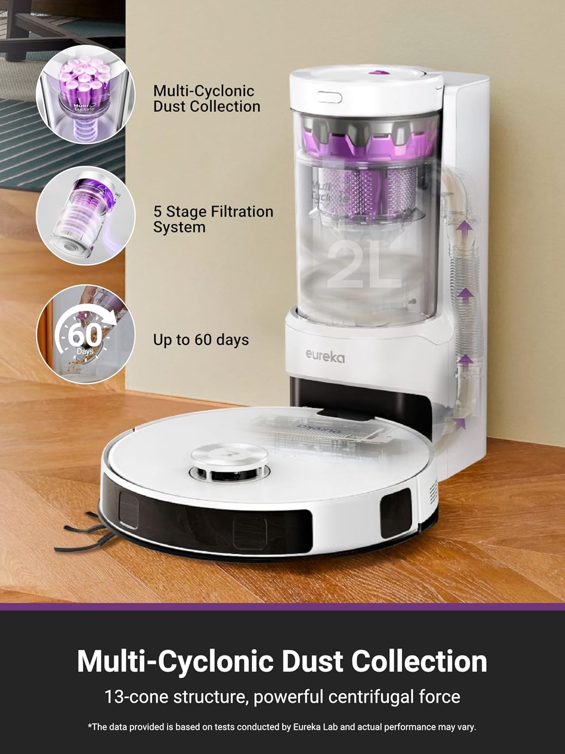 EUREKA E20 Evo Plus Robot Vacuum and Mop, Bagless Self-Emptying Station, 10000pa Suction, Anti Hair-Tangling Brush, LiDAR Navigation for Carpet&Hard Floors, Auto Lifting Mop, App Control, White