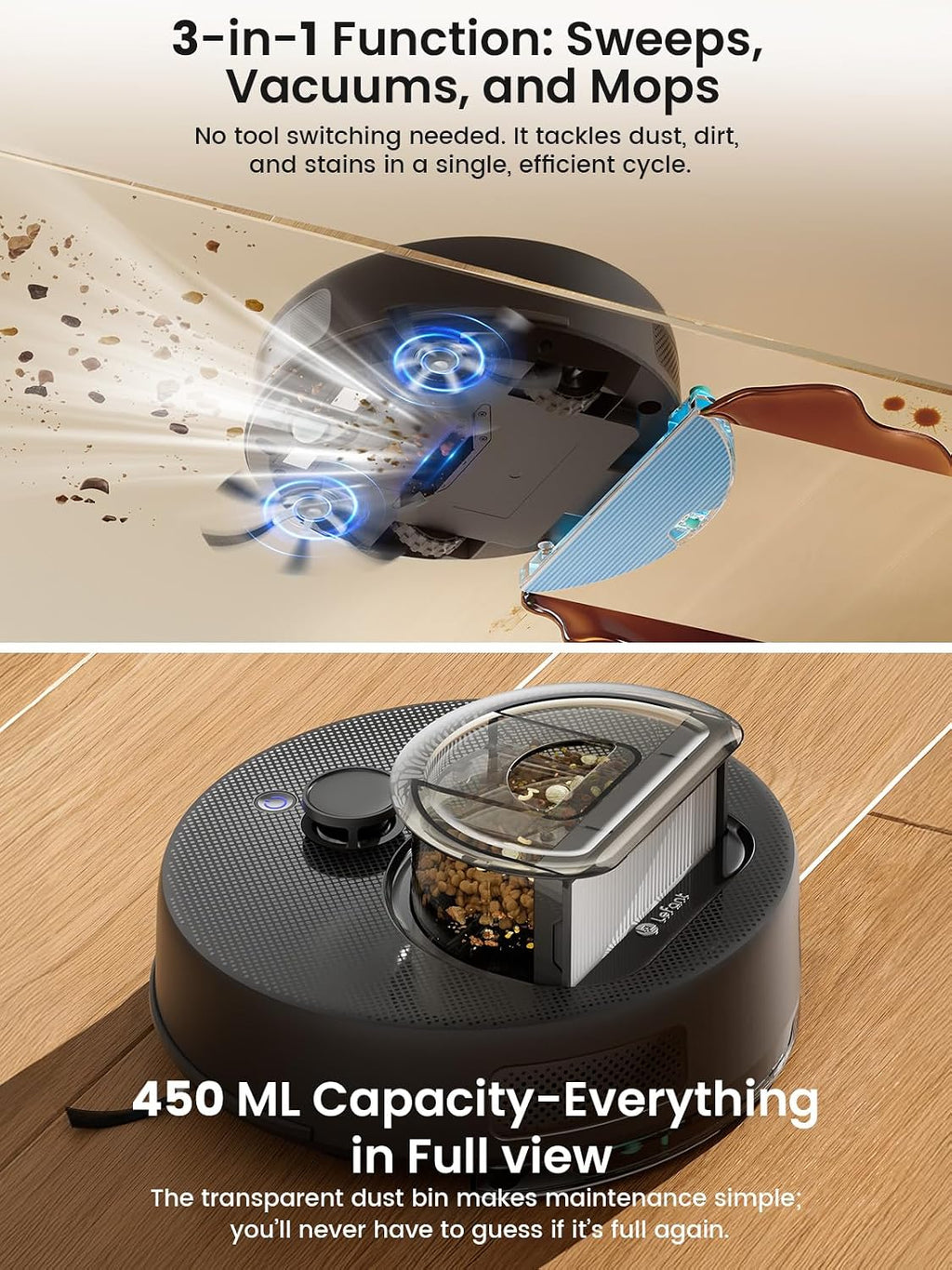 Lefant M330 Plus Robot Vacuum Cleaner and Mop Mapping 3 in 1, 5000Pa, 150 mins, dToF Navigation, Customized Cleaning, PSD 190° Obstacle Avoidance Technology, 2.4& 5G WiFi, Pet Hair & Carpets, Black