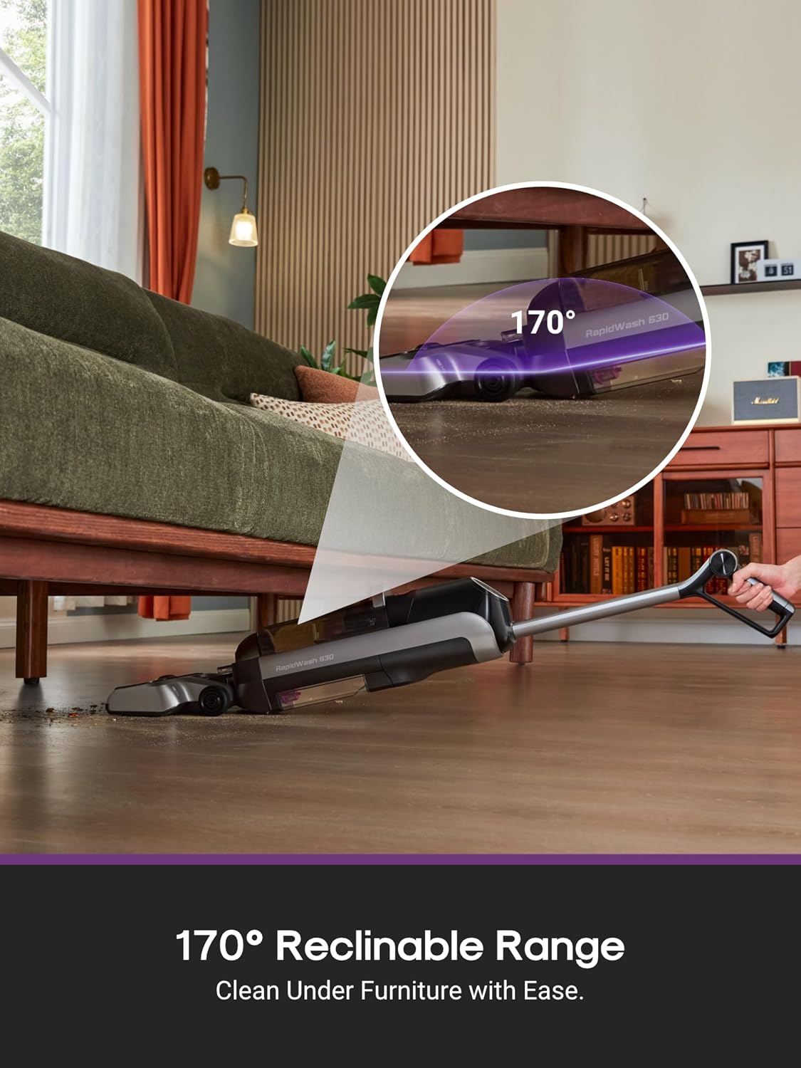 EUREKA RapidWash NEW630 Cordless Wet Dry Vacuum Cleaner, 21600Pa Smart Hard Floor Washer with 170° Lay-Flat, 60℃ Hot Air Flash Drying, Self-Cleaning, Edge Clean, Messes Detection, Tangle-Free Design